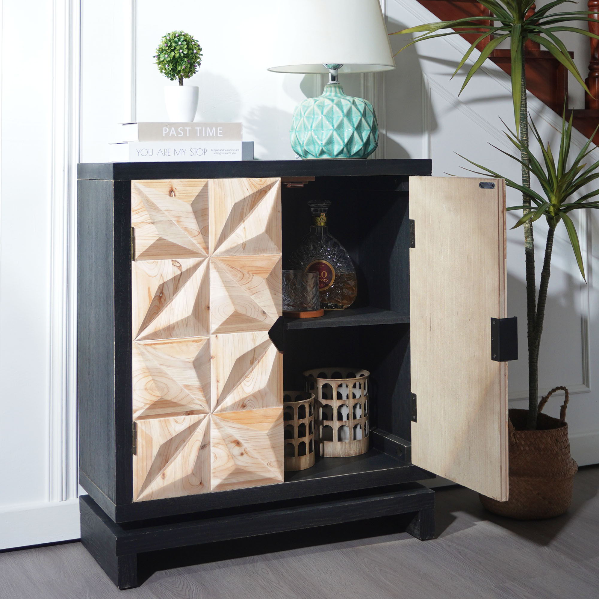 2 Door Accent Storage Cabinet With Diamond Handle - Black / Natural