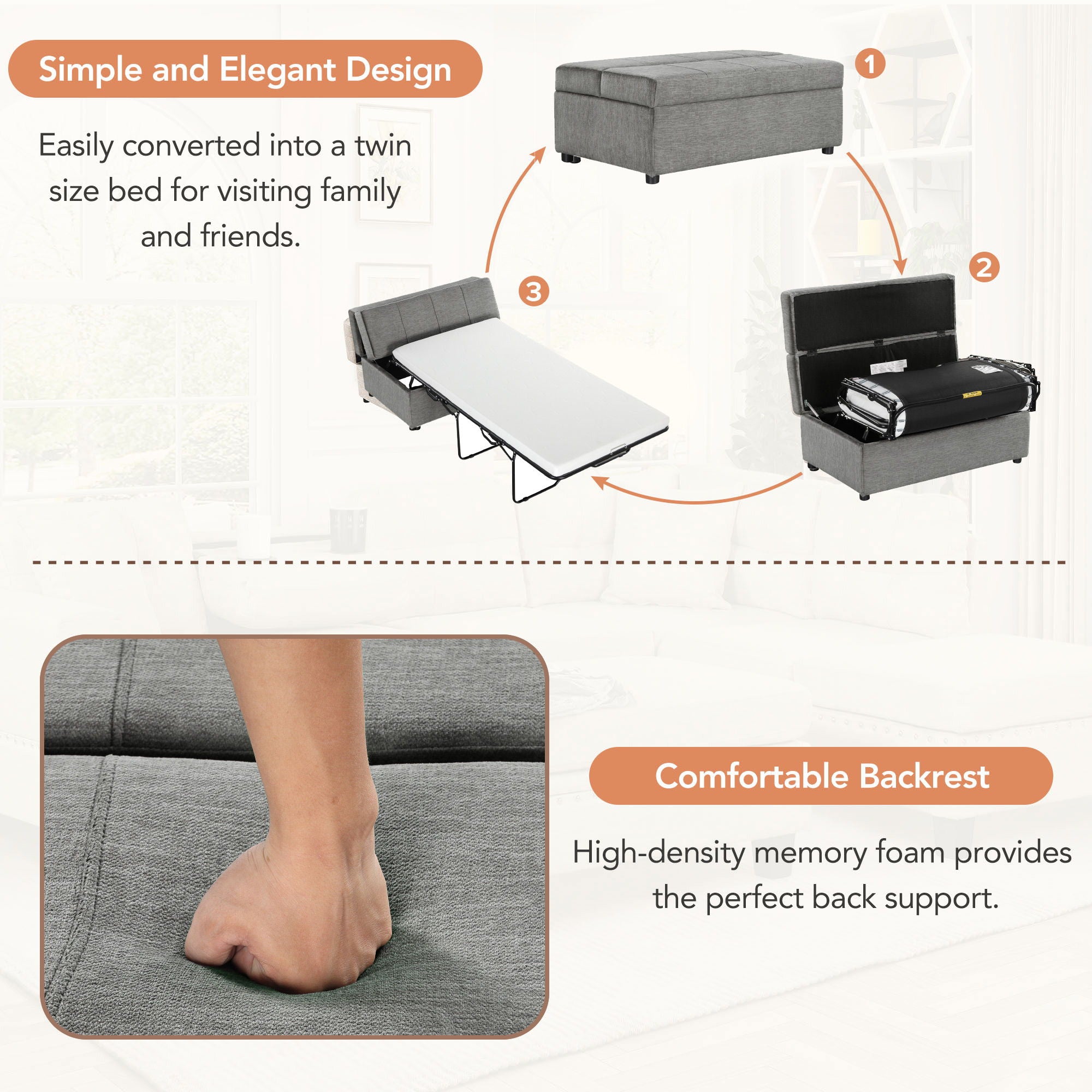 Twin Size Folding Ottoman Sleeper Bed With Mattress Convertible Guest Bed