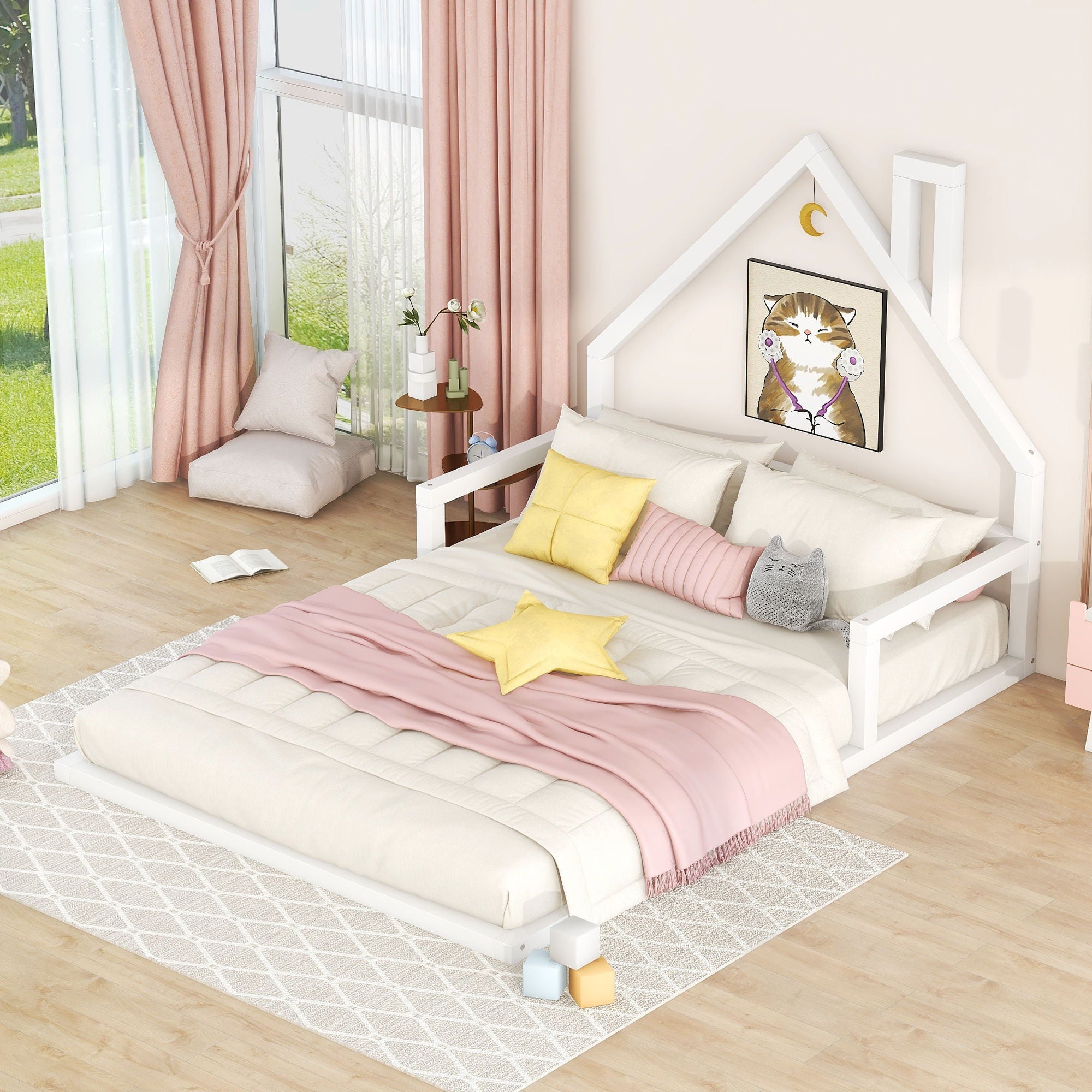 Elegant Floor Bed With House Shaped Headboard
