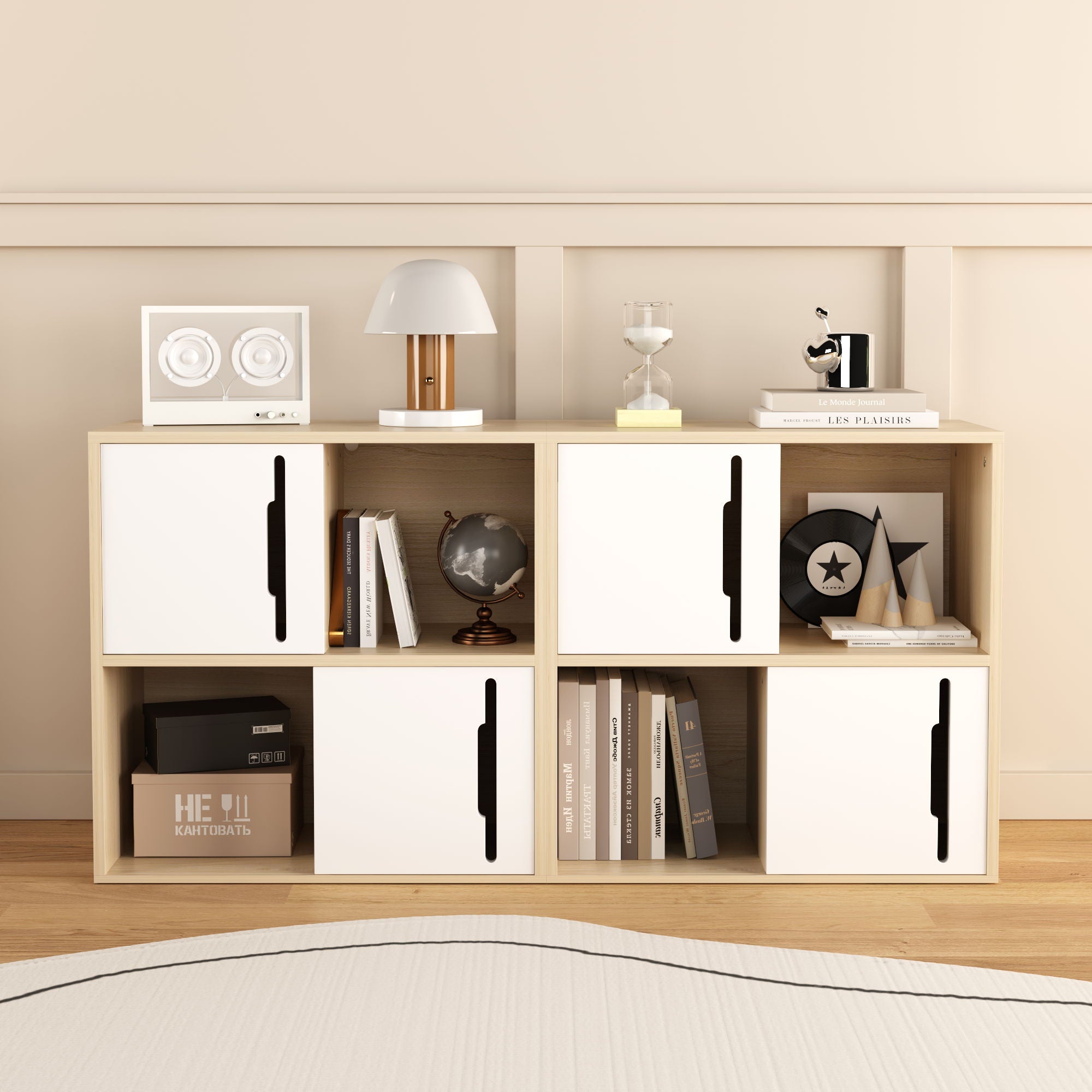 Storage Cabinet With Sliding Doors, 2 Tier Open And Closed Shelves Organizer - Natural / White
