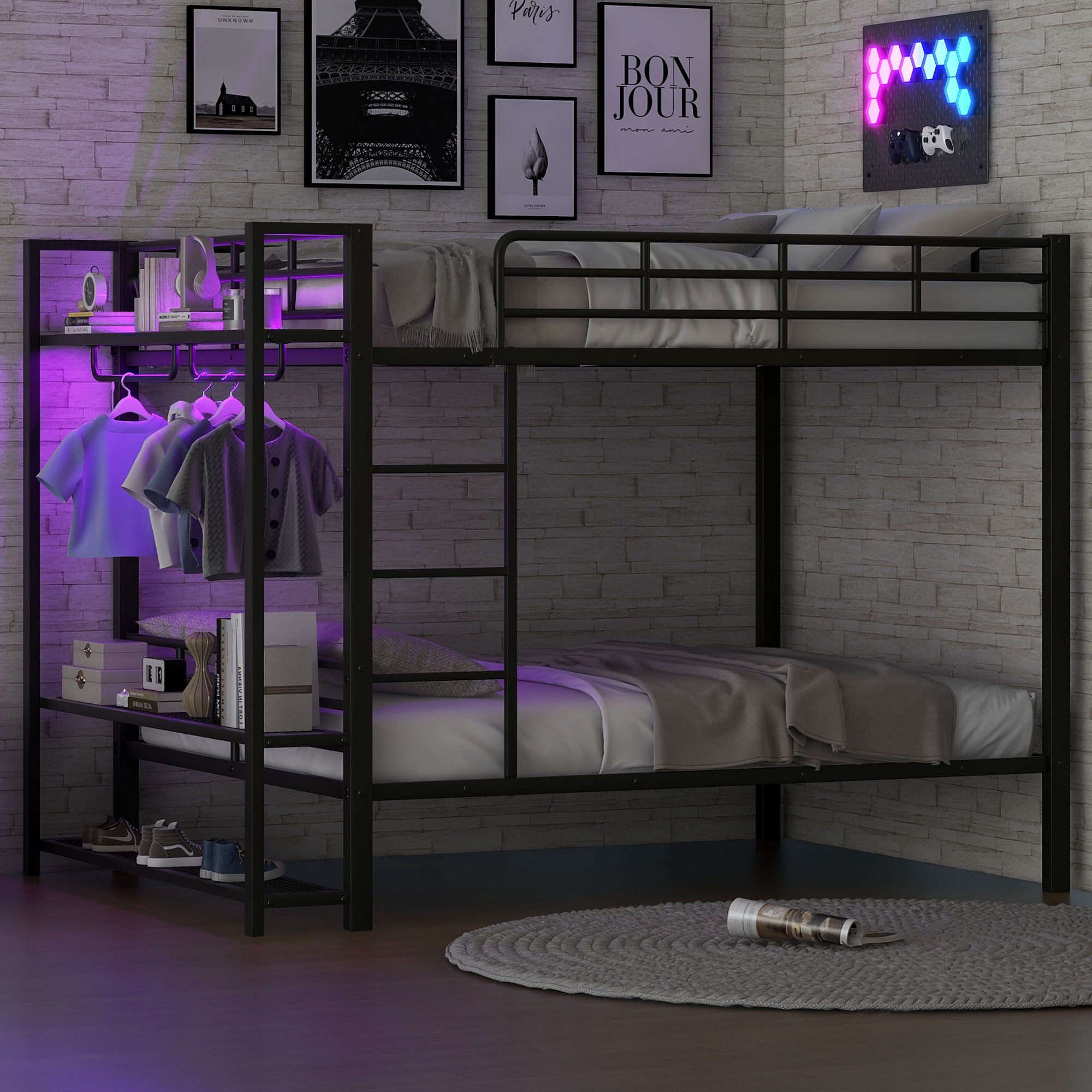 Bunk Bed With Storage Shelves, Clothes Hooks, LED Light