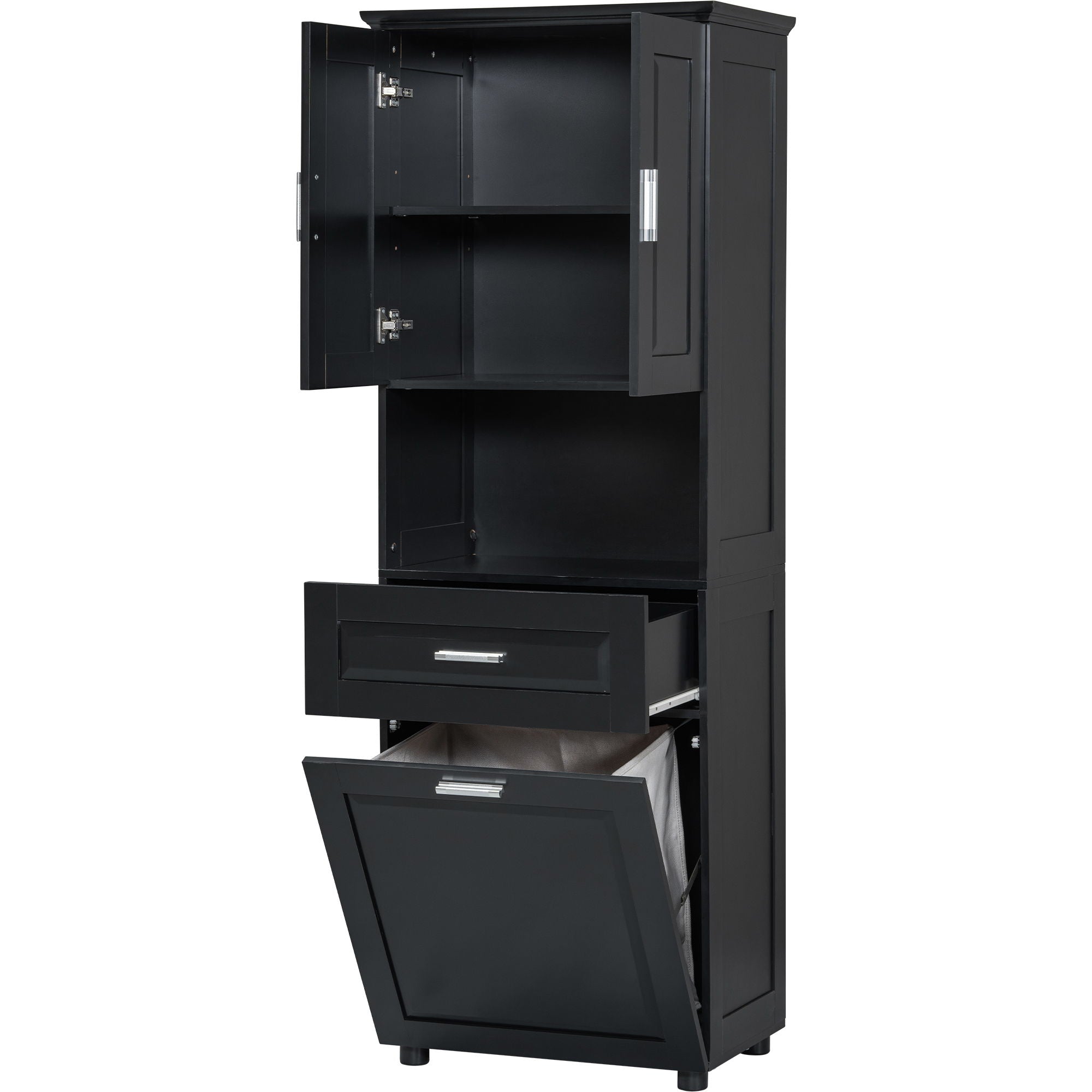 Tall Bathroom Cabinet With Tilt-Out Laundry Basket And Upper Storage