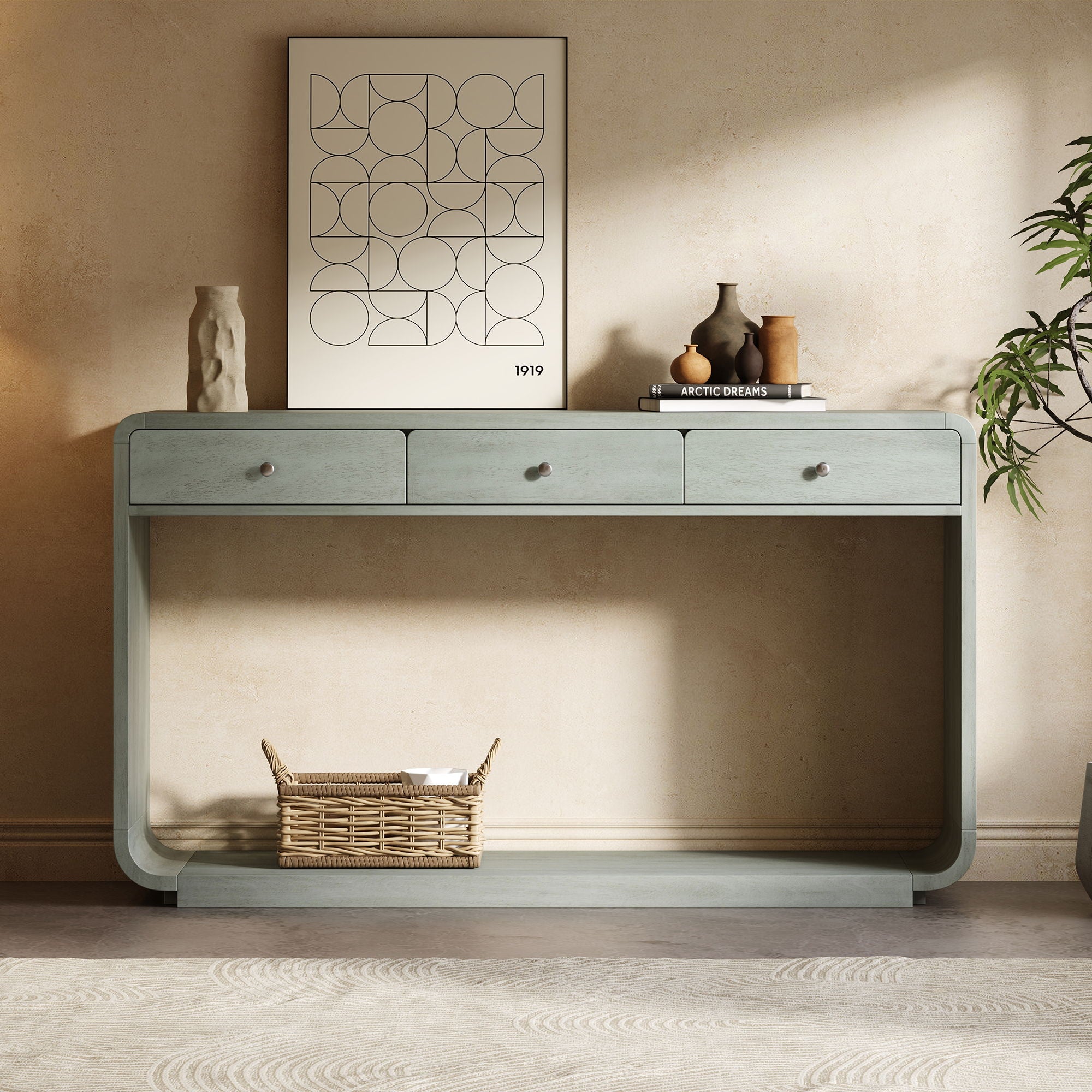 onsole Table With 3 Drawers And Display Shelf