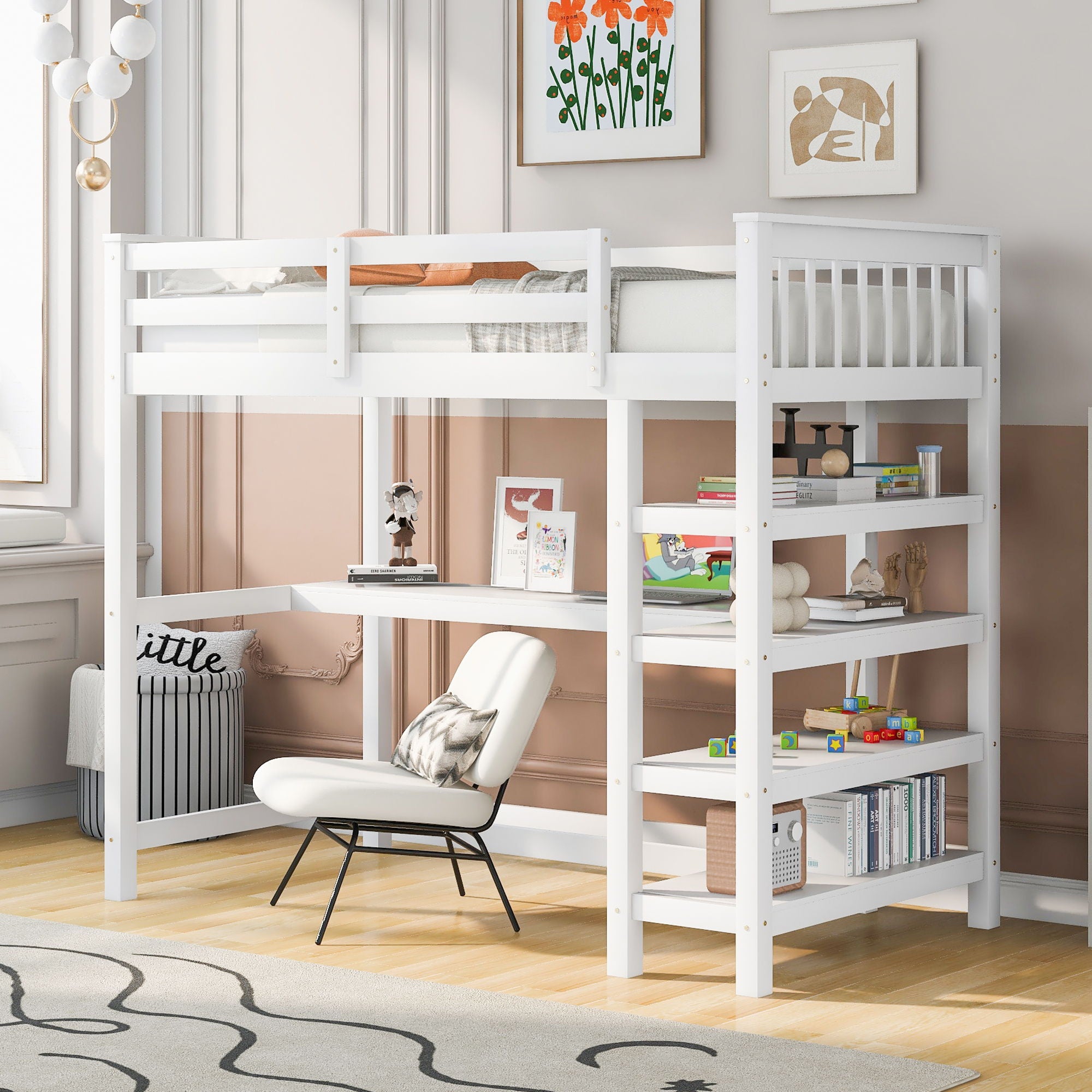 Loft Bed With Storage Shelves And Under Bed Desk