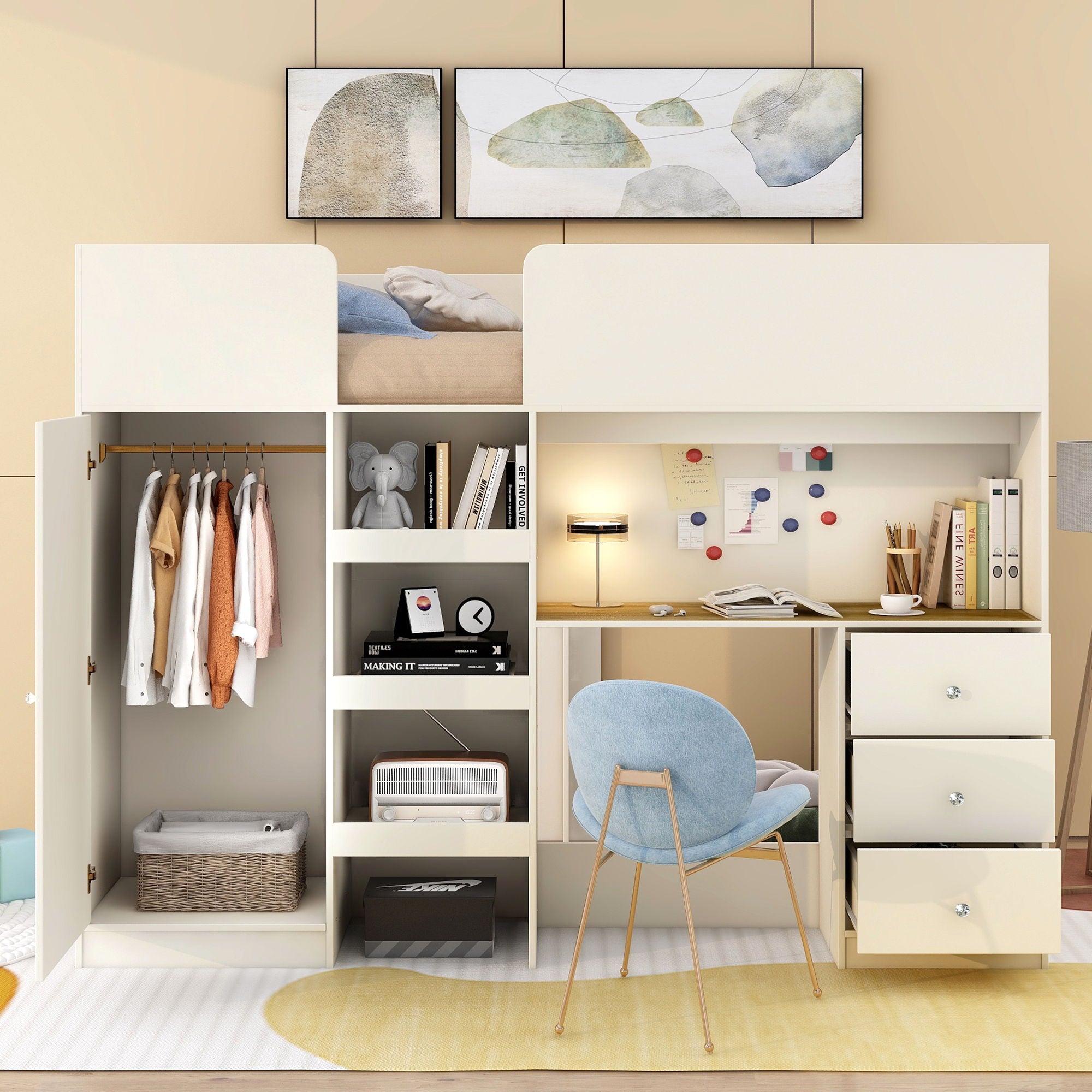 Loft Bed With Built In Wardrobe, Desk, Shelves, And Drawers