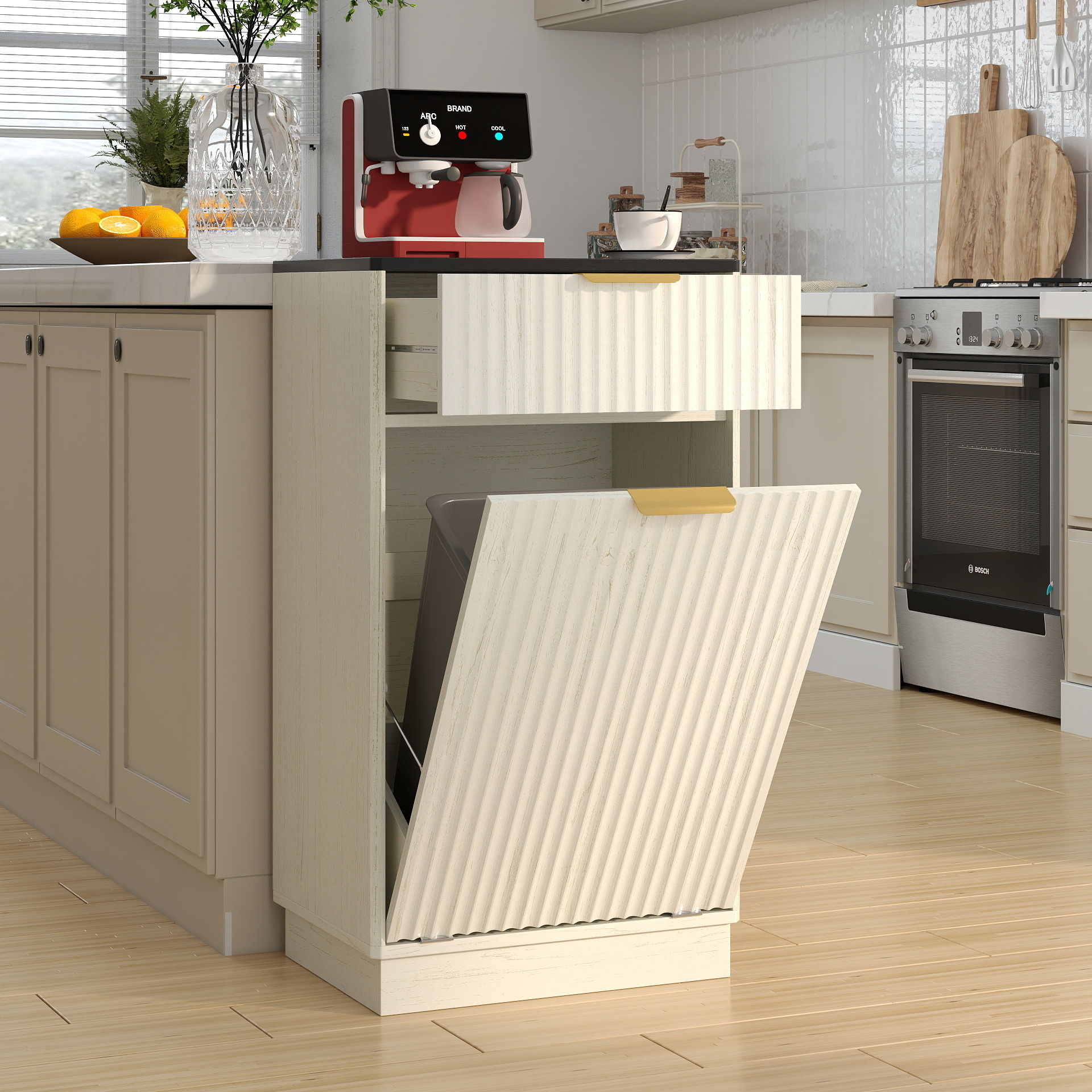 Tilt Out Trash Can Cabinet With Wave Textured Drawer & Pull Out Bin