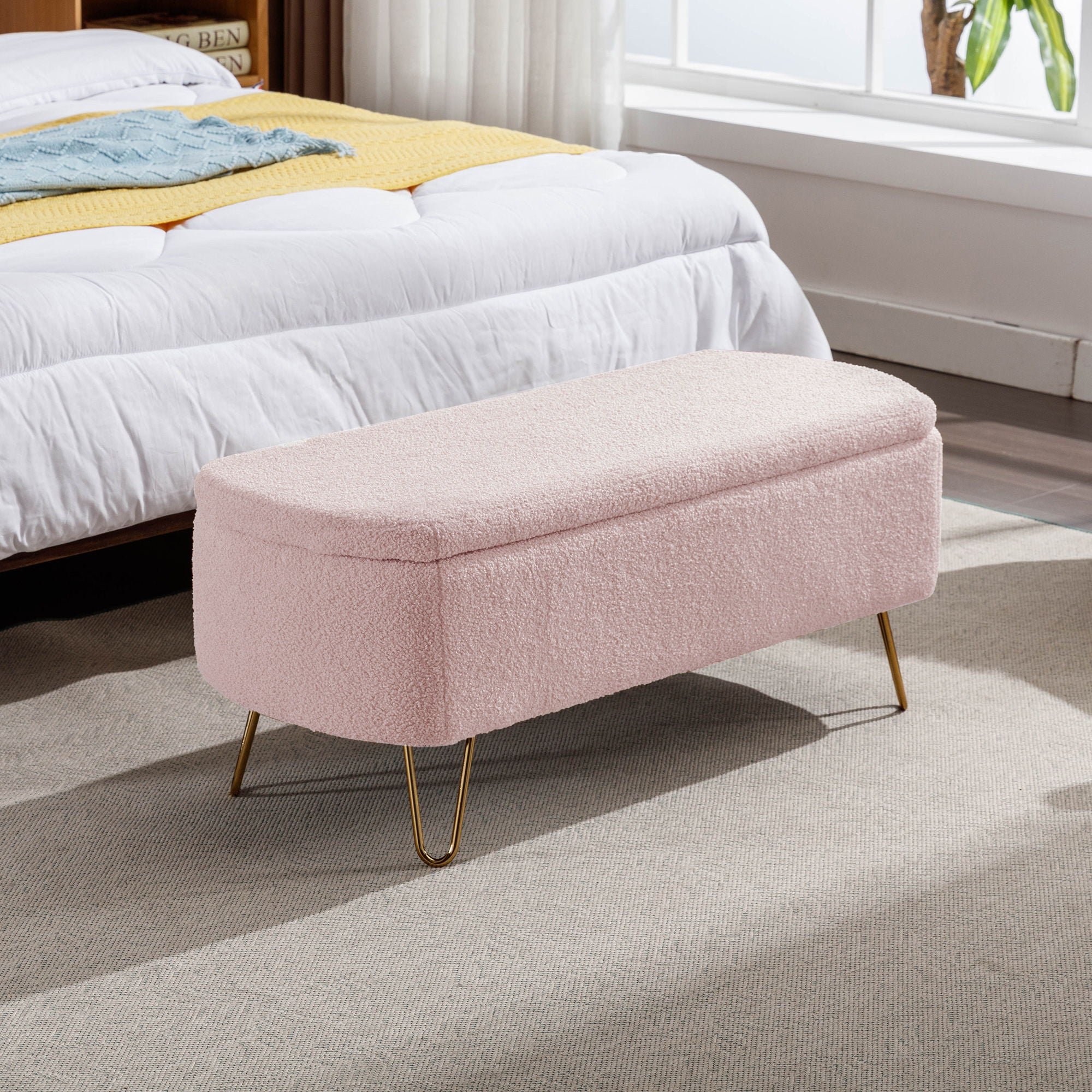 Storage Ottoman Bench For End Of Bed Legs, Modern Camel Faux Fur Entryway Bench Upholstered Padded With Storage For Living Room Bedroom