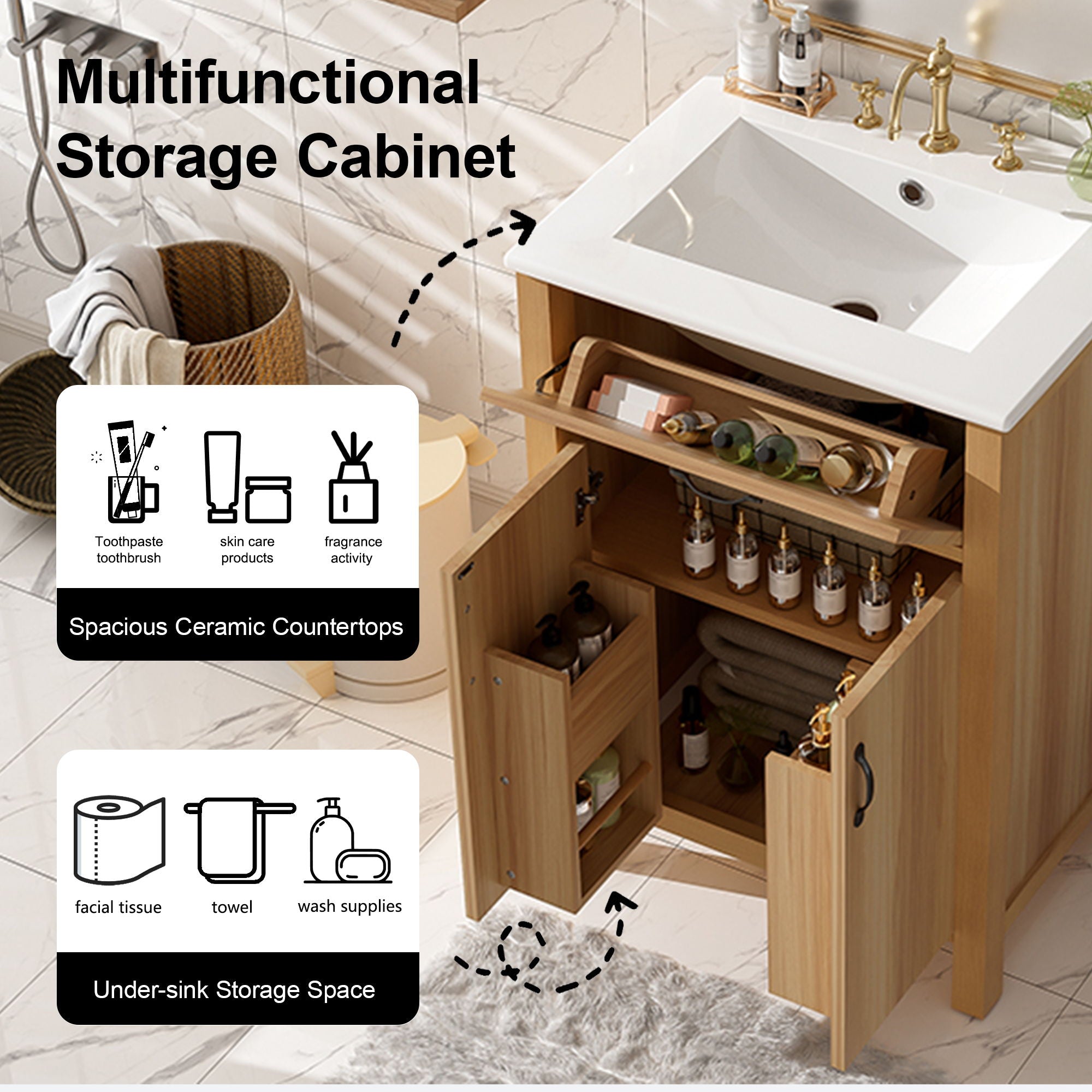 Bathroom Vanity With Flip Drawer, 2 Soft Close Doors, Adjustable Shelf And Ceramic Sink