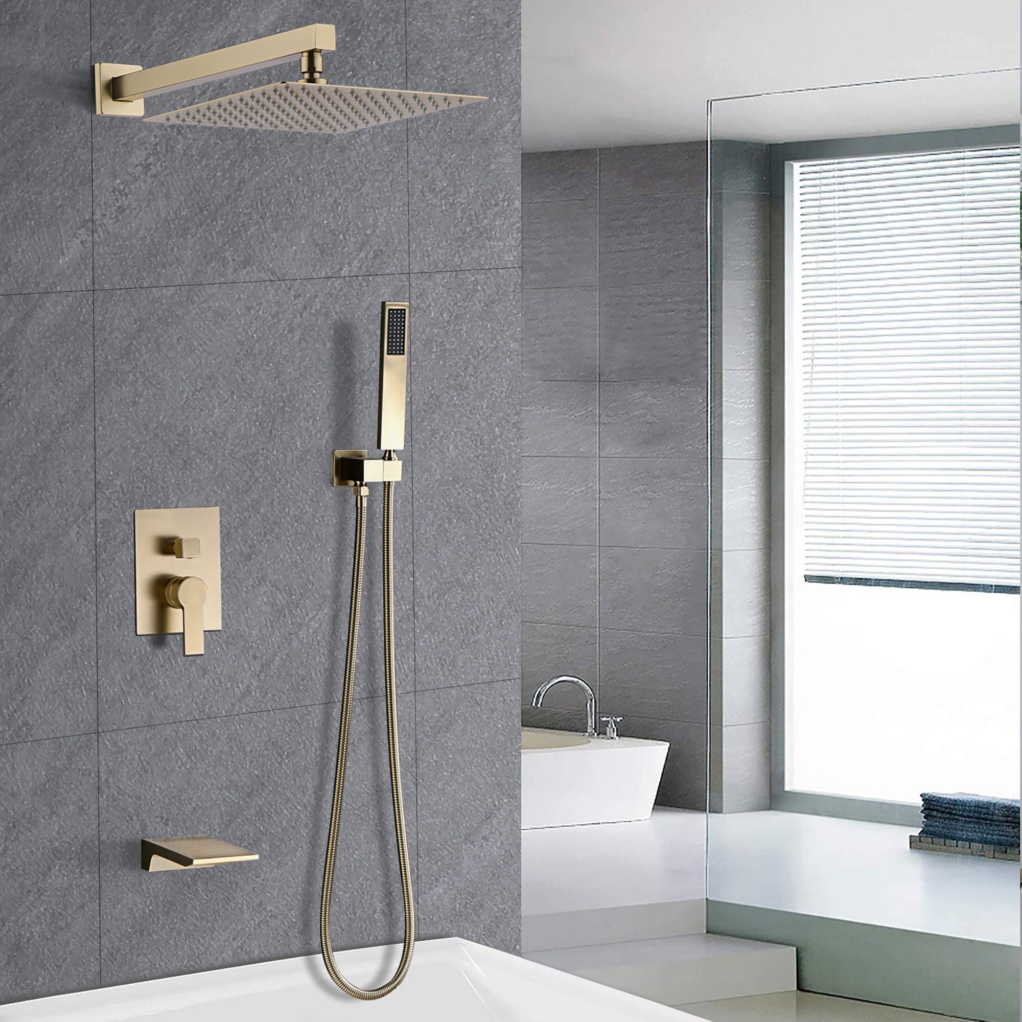 Tub Shower Faucet Set With 12" Rain Shower Head And Handheld Spray Combo