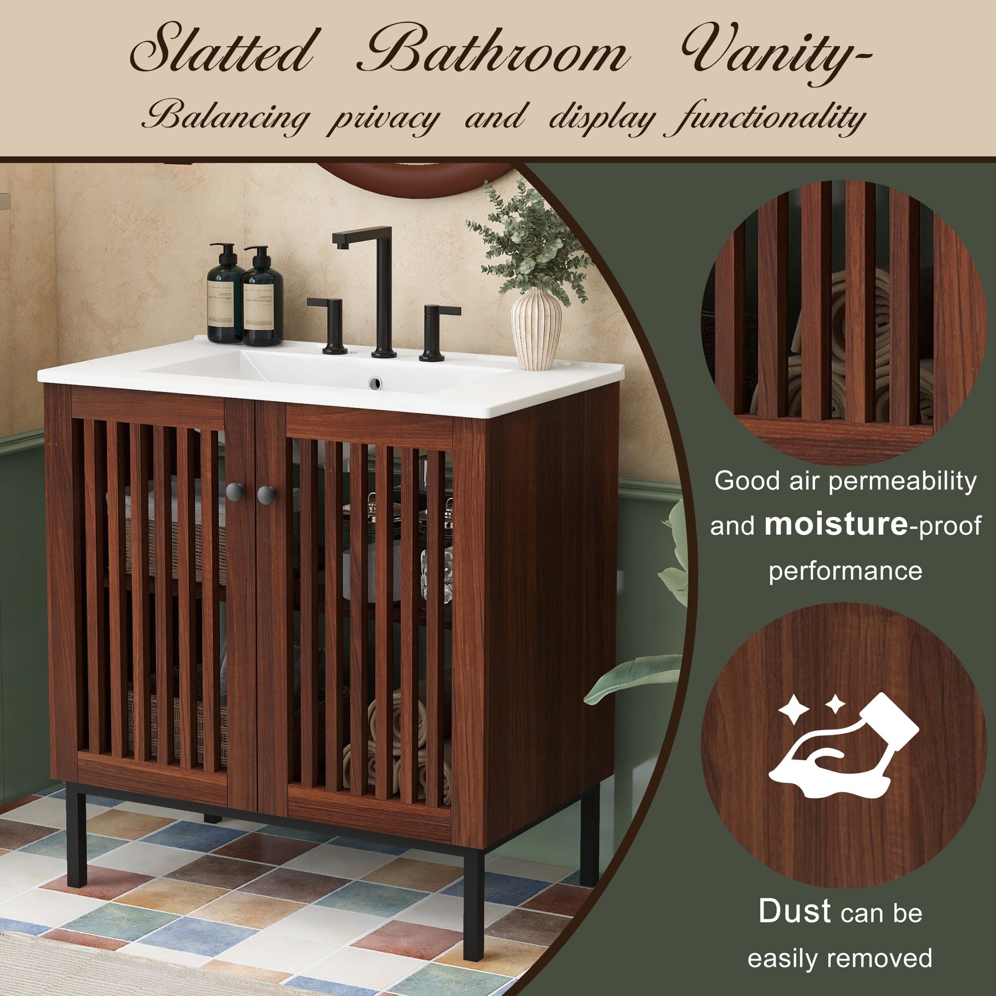 30" Vintage Bathroom Vanity With Ceramic Sink, Modern Bathroom Vanity Cabinet With 2 Soft Close Doors, Equpiied With 4 Sturdy Iron Legs - Antique Dark Brown