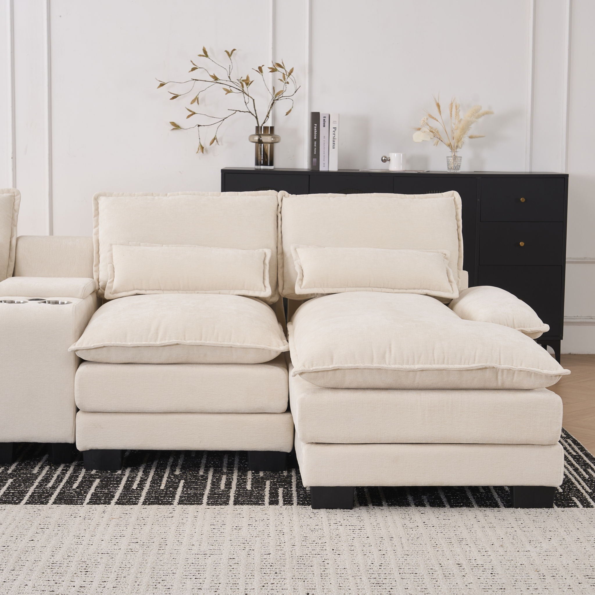 U Shaped Sofa With Console, Cupholders, USB Ports, 6 Seat, Bronzing Suede &