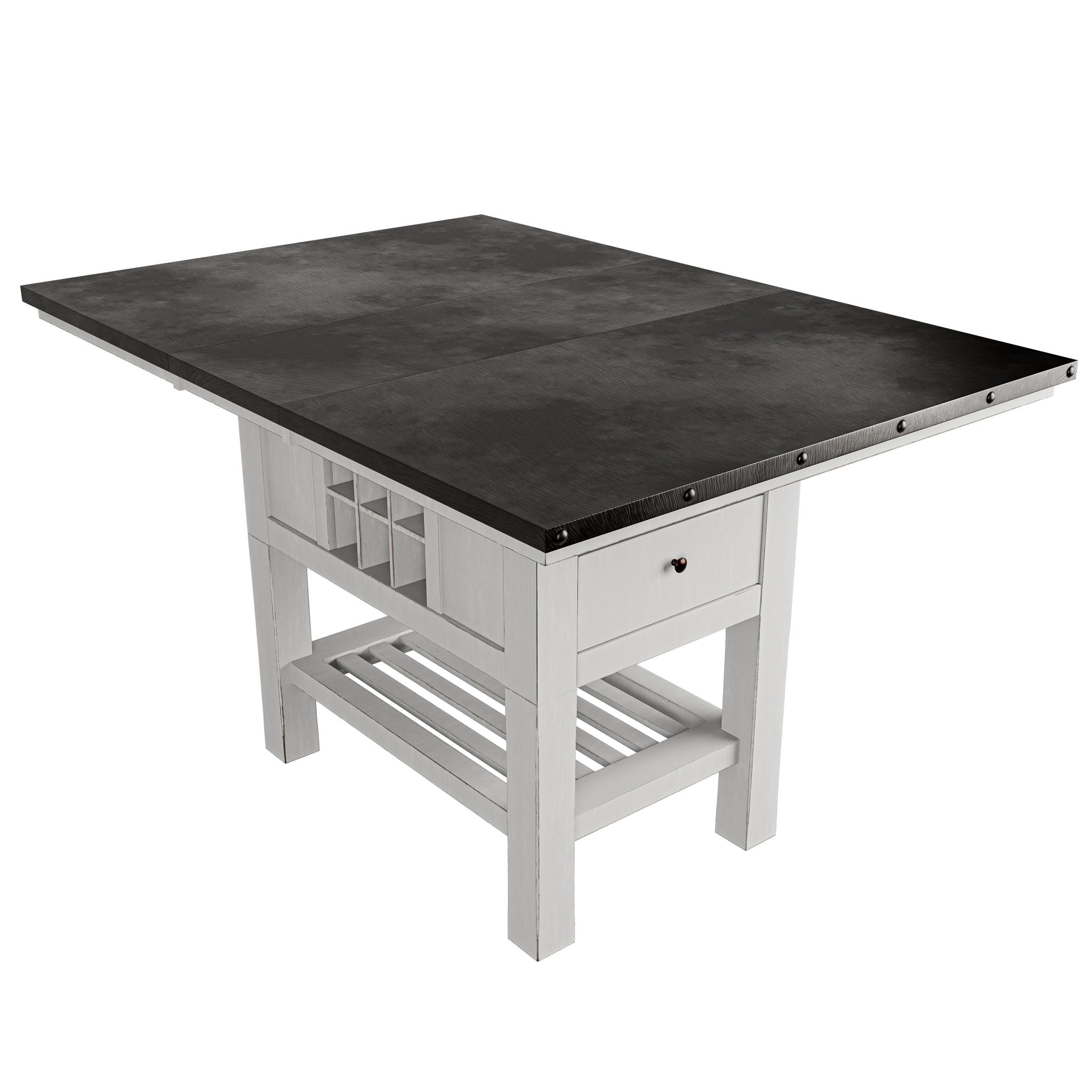 Counter Height Dining Table With 2 Leaves, Under Table Storage - Antique White / Gray