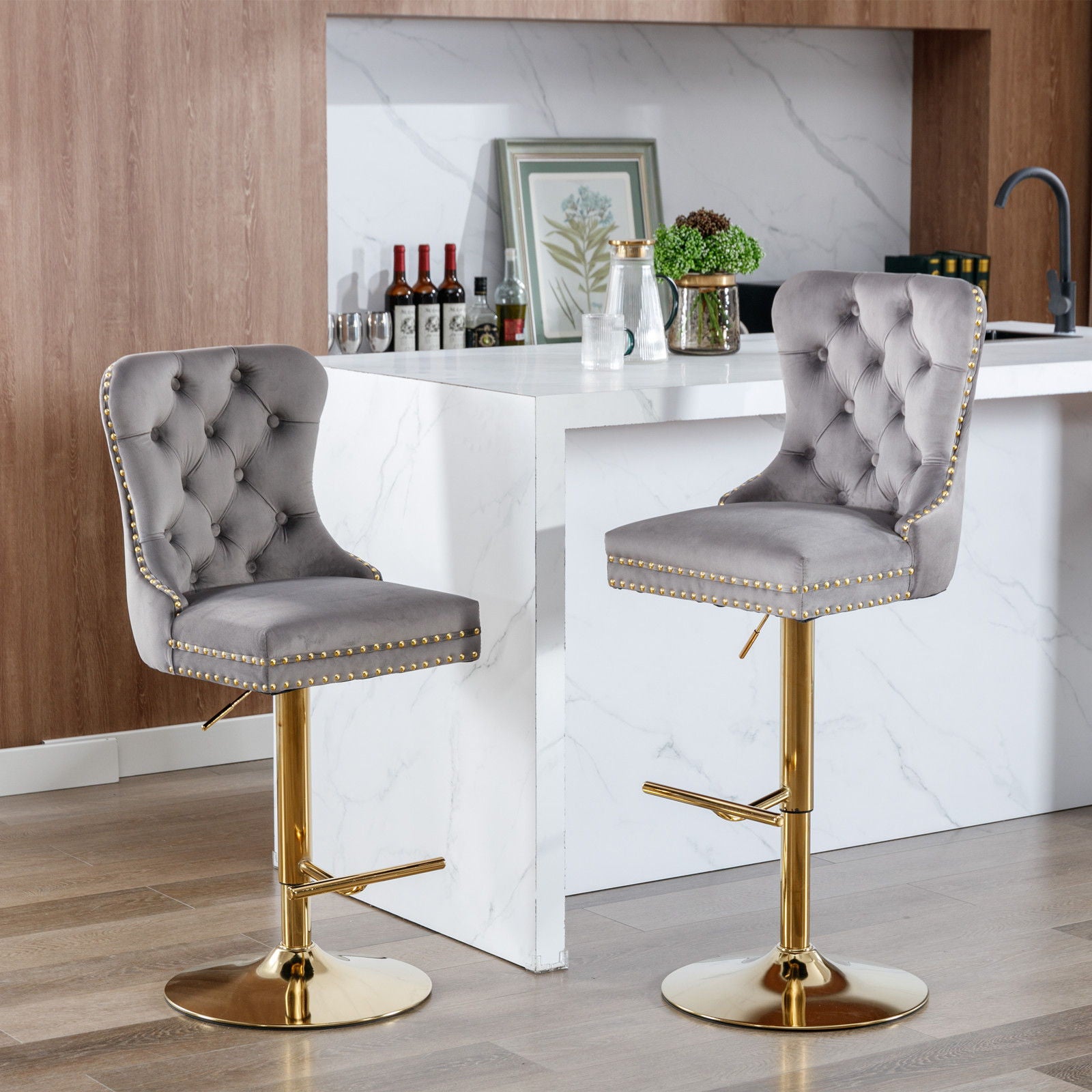 Thick Swivel Barstools Adjusatble Seat Height From 25-33", Modern Upholstered Bar Stools With Backs Comfortable Tufted For Home Pub And Kitchen Island (Set of 2)
