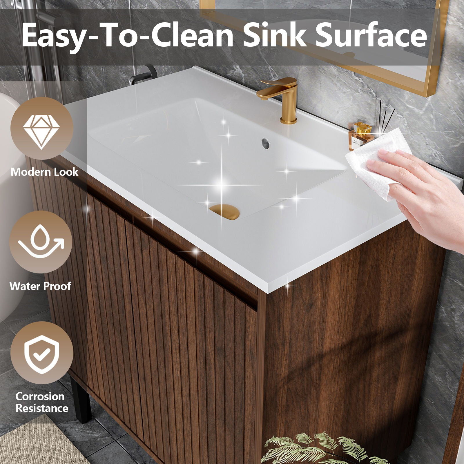 Bathroom Vanity With Ceramic Sink, Floor-Standing Design, Soft-Closing Drawers