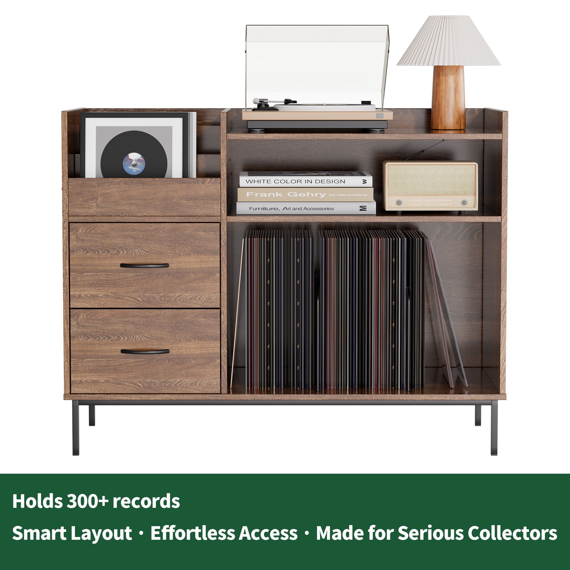 Eco-Friendly Vinyl Record Player Stand With Flip-Top Storage, Media Console With Dual Outlets And Dustproof Drawers