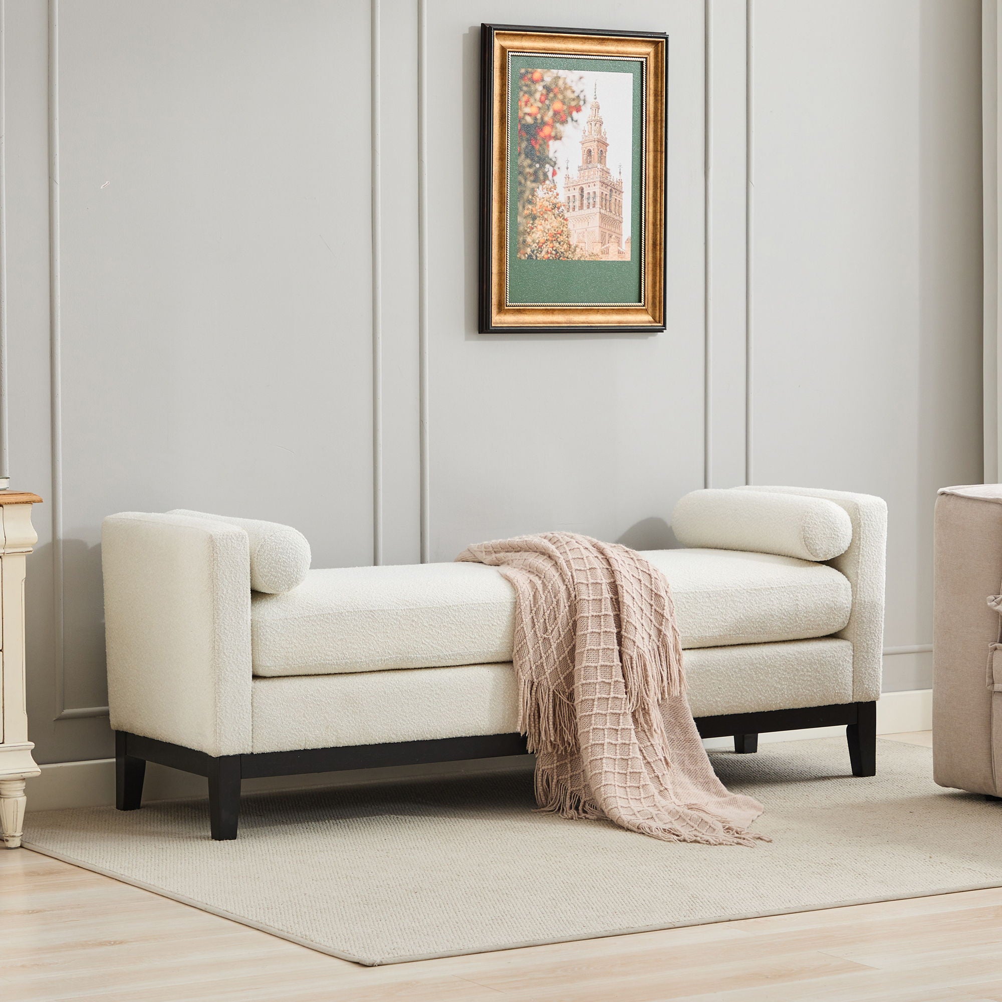 Elegant Upholstered Bench, Daybed, Ottoman With Wood Legs & Bolster Pillows - Ivory Boucle