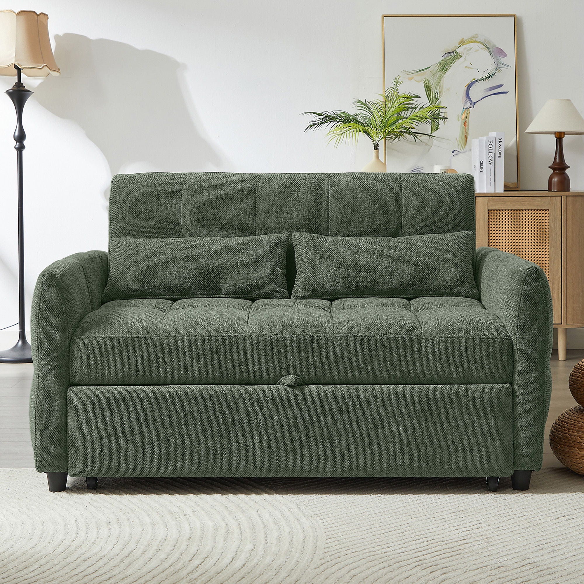 Loveseat Sofa Pull-Out Bed With Adjustable Backrest, 3 USB Ports And 2 Lumbar Pillows For Living Room