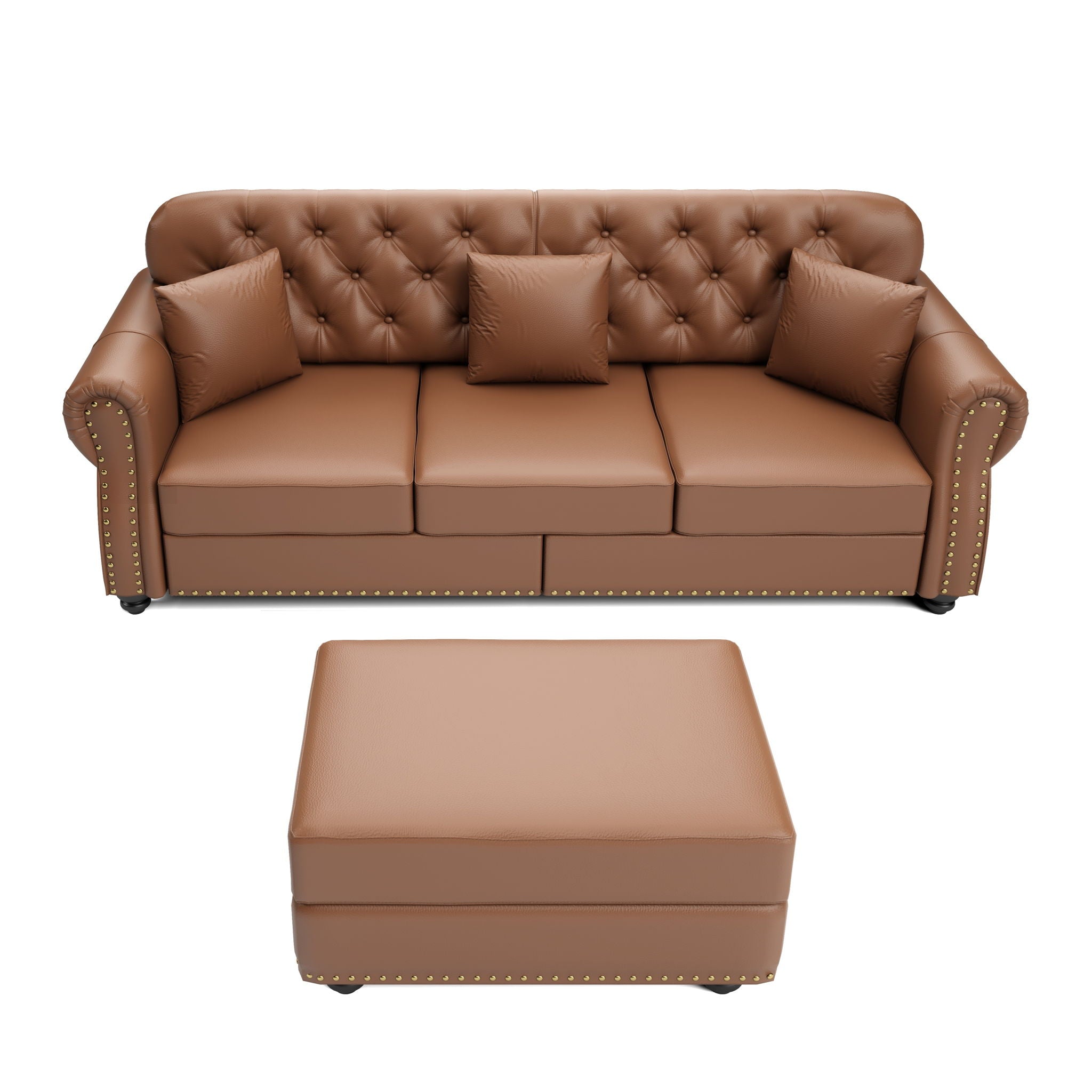 Upholstered Sofa With Nailhead Trim, Rolled Armrests With Ottoman