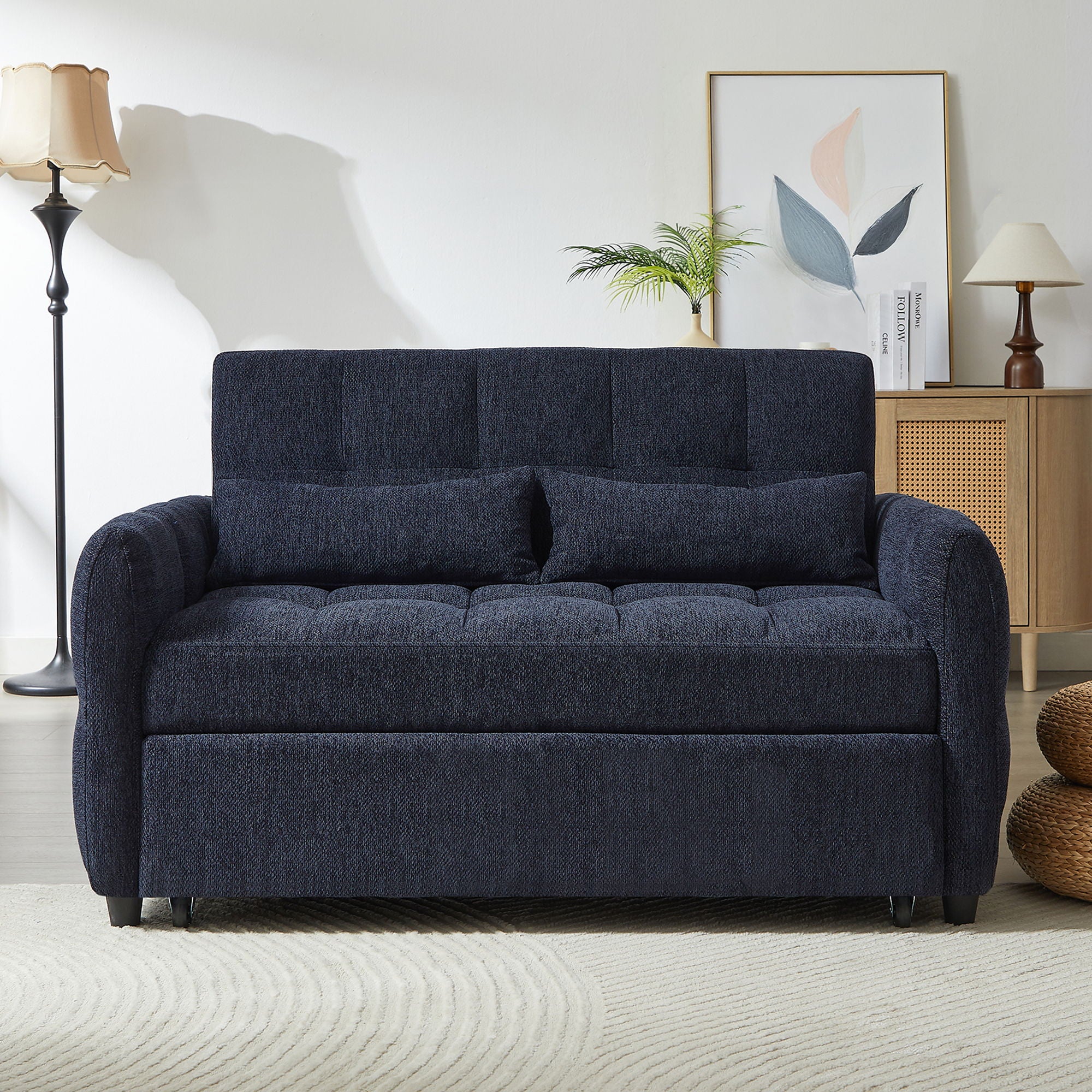 Loveseat Sofa Pull-Out Bed With Adjustable Backrest, 3 USB Ports And 2 Lumbar Pillows For Living Room