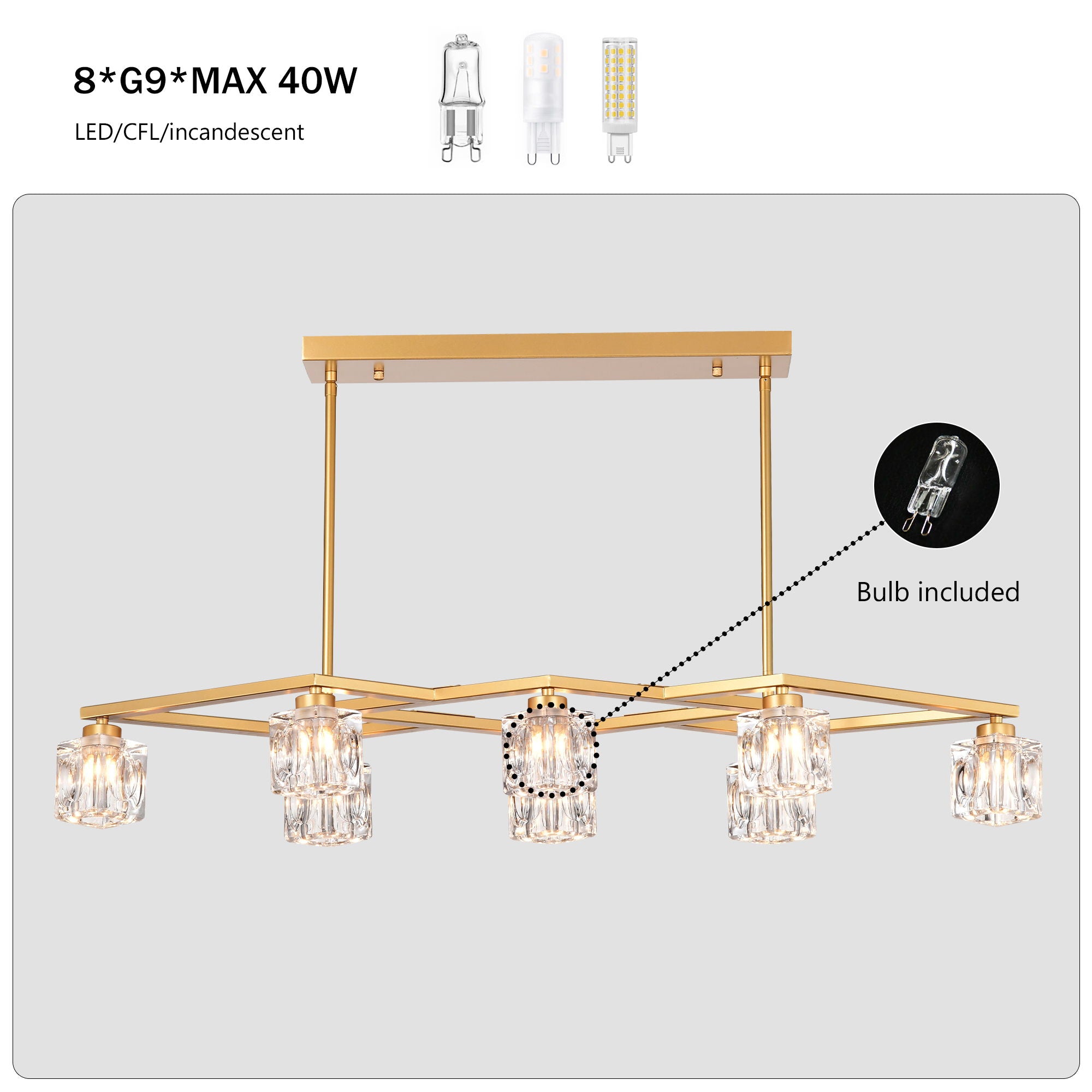 Crystal Chandelier For Dining Room, 8 Light Kitchen Chandelier Light Fixture Modern Metal Industrial Chandeliers For Farmhouse Entryway Living Room (8*G9 Bulbs Included) - Matte Gold