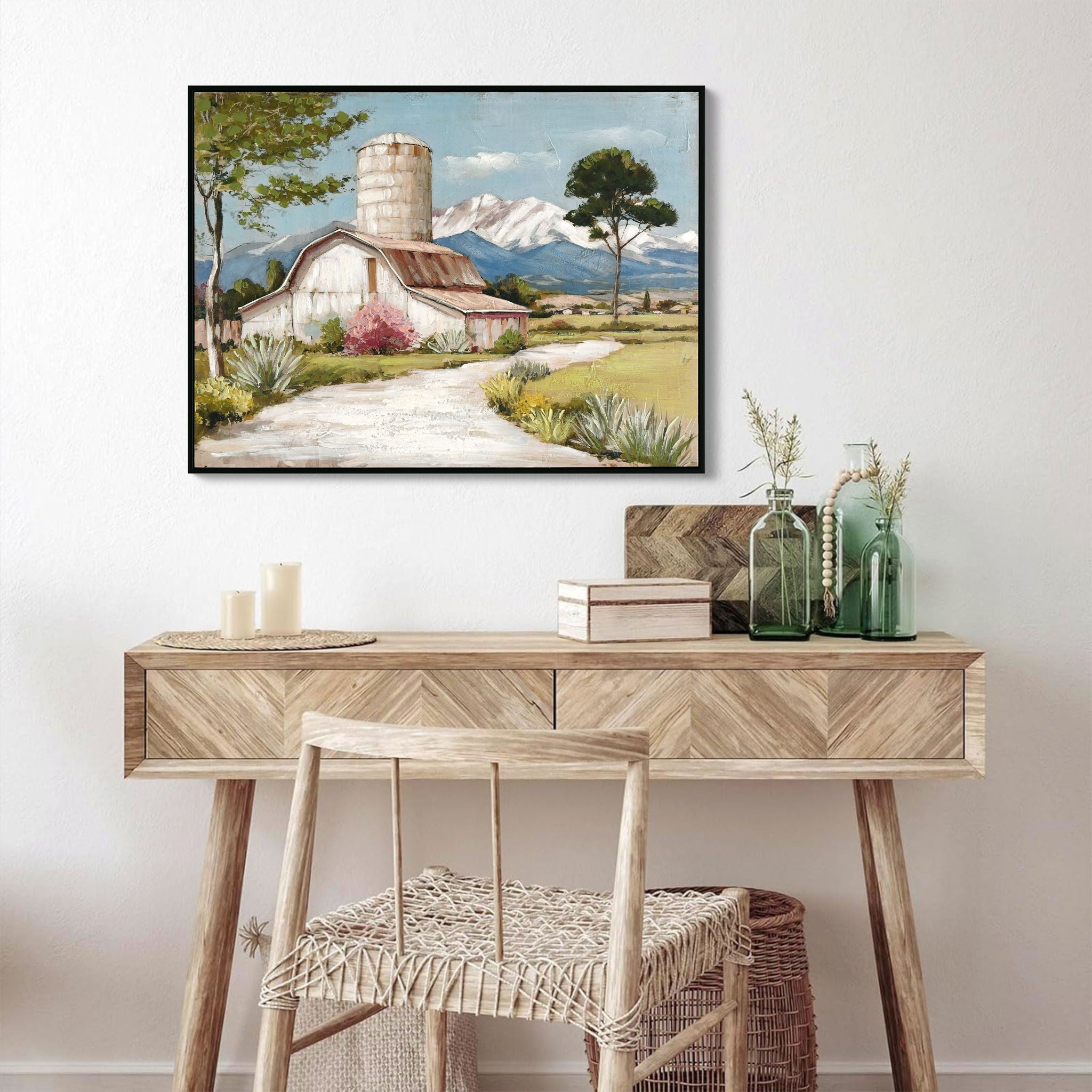 Framed Canvas Wall Art Beautiful Field Painting Wildflower Barn Print Nature Scenery Picture For Home - Blue / Pink