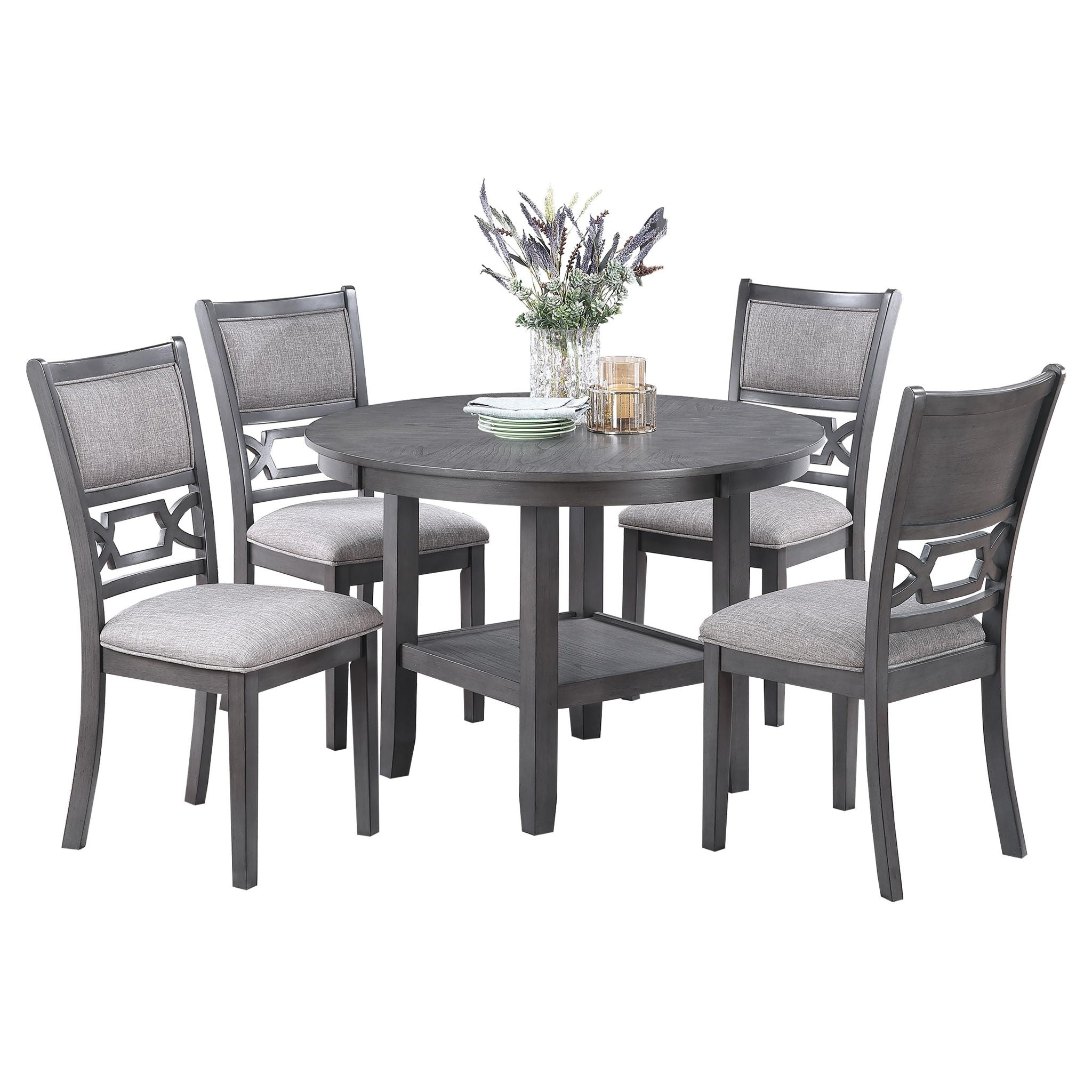 5 Piece Dining Set With Storage Shelves Round Table And Upholstered Side Chairs - Gray