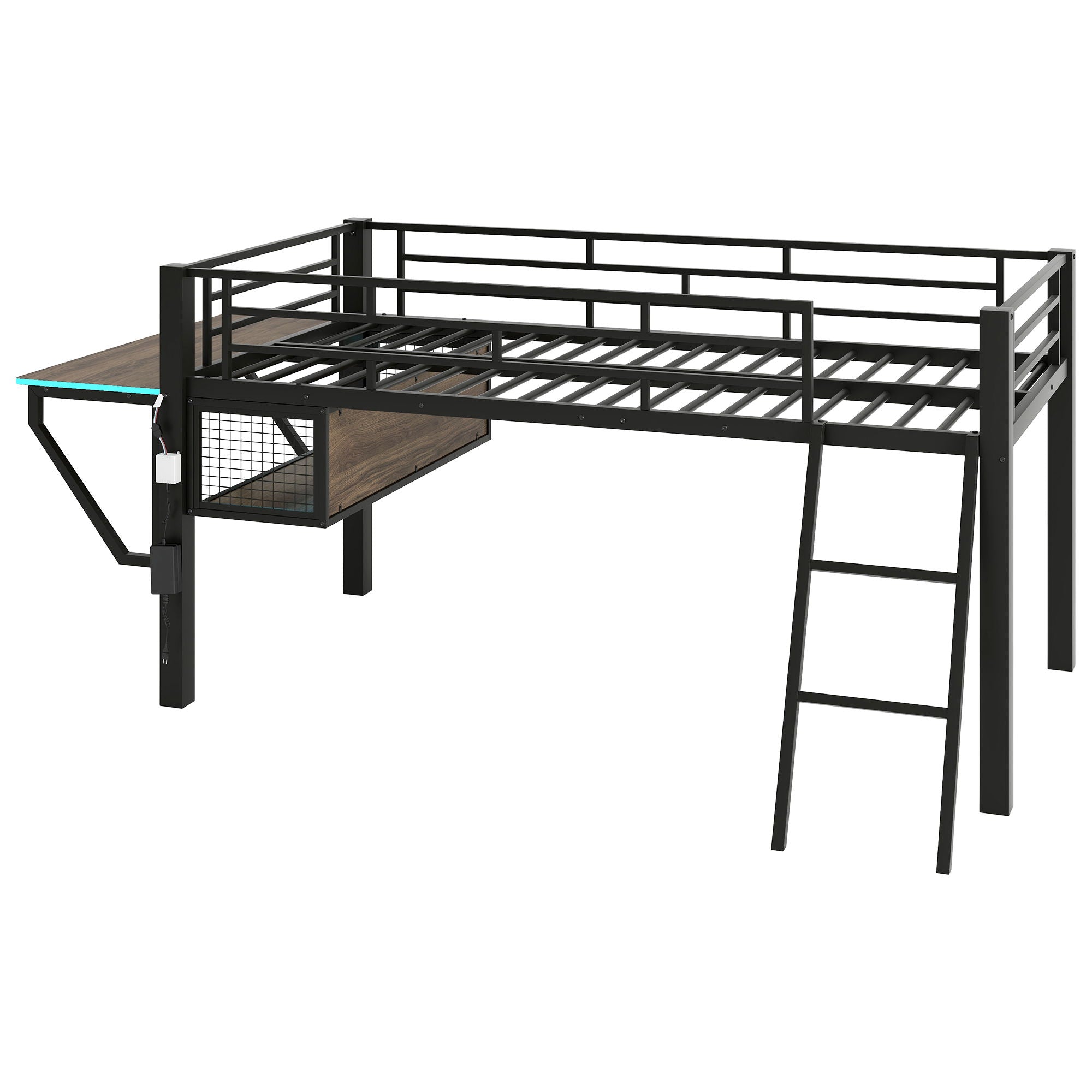 Gaming - Twin Loft Bed With Desk And LED - Black