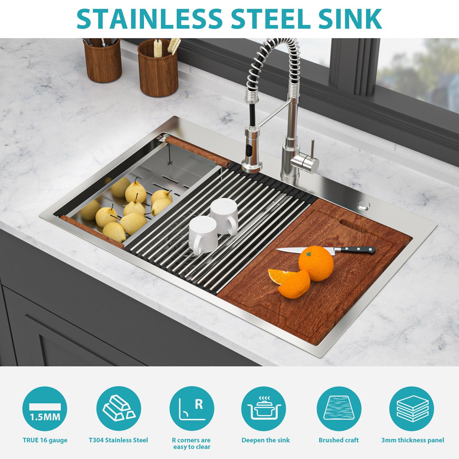 Topmount Drop In Kitchen Sink, Double Bowl Stainless Steel - Brushed Nickel