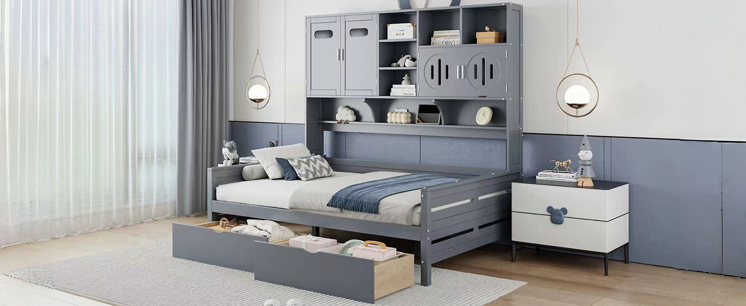Daybed With All-In-One Cabinet And Shelf