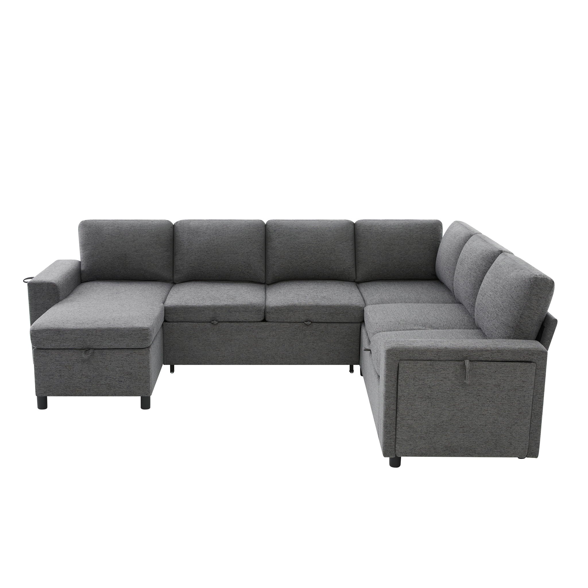 U - Shaped Convertible Sectional Sofa Bed With Storage, USB Charger & Cup Holders
