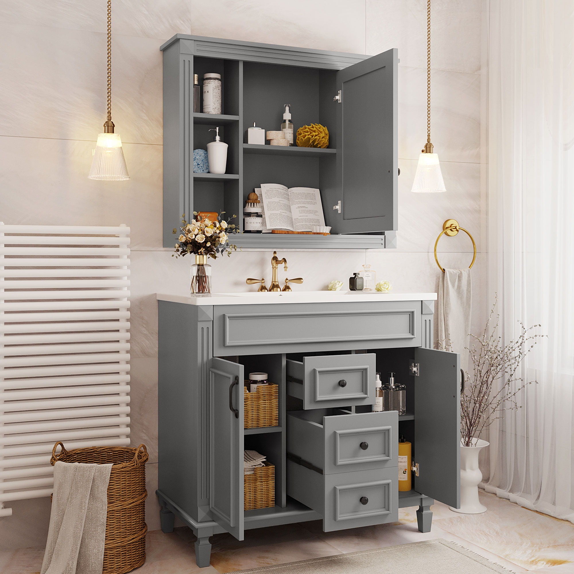 Bathroom Vanity With Top Sink, Mirror Cabinet, 2 Soft Closing Doors & 2 Drawers