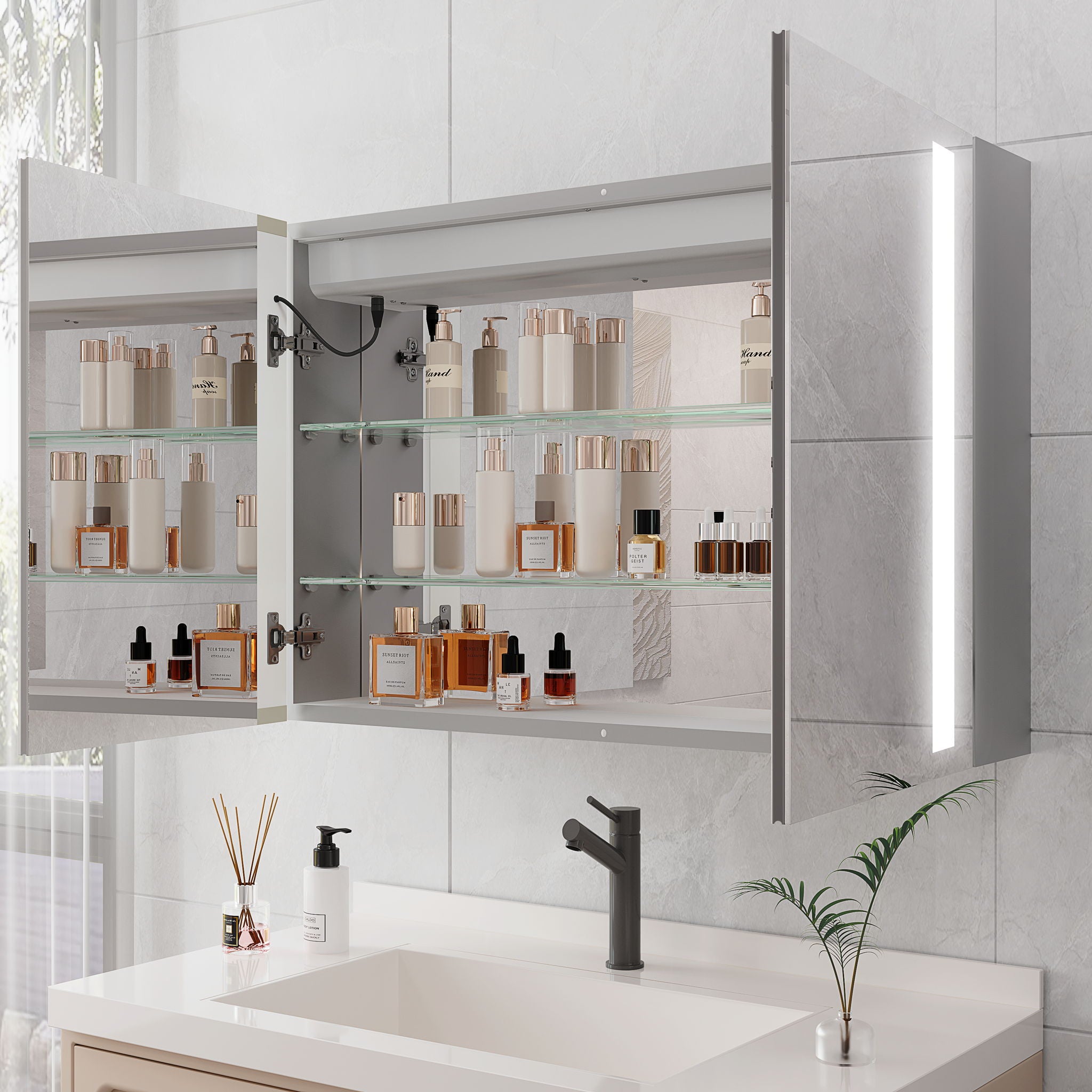 LED Medicine Cabinet With Mirror, Double Door With Defogger, Dimmer, Surface Mount