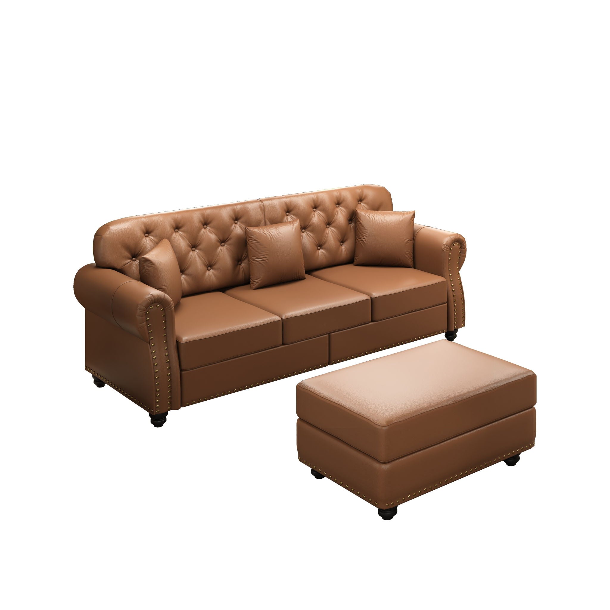 Upholstered Sofa With Nailhead Trim, Rolled Armrests With Ottoman