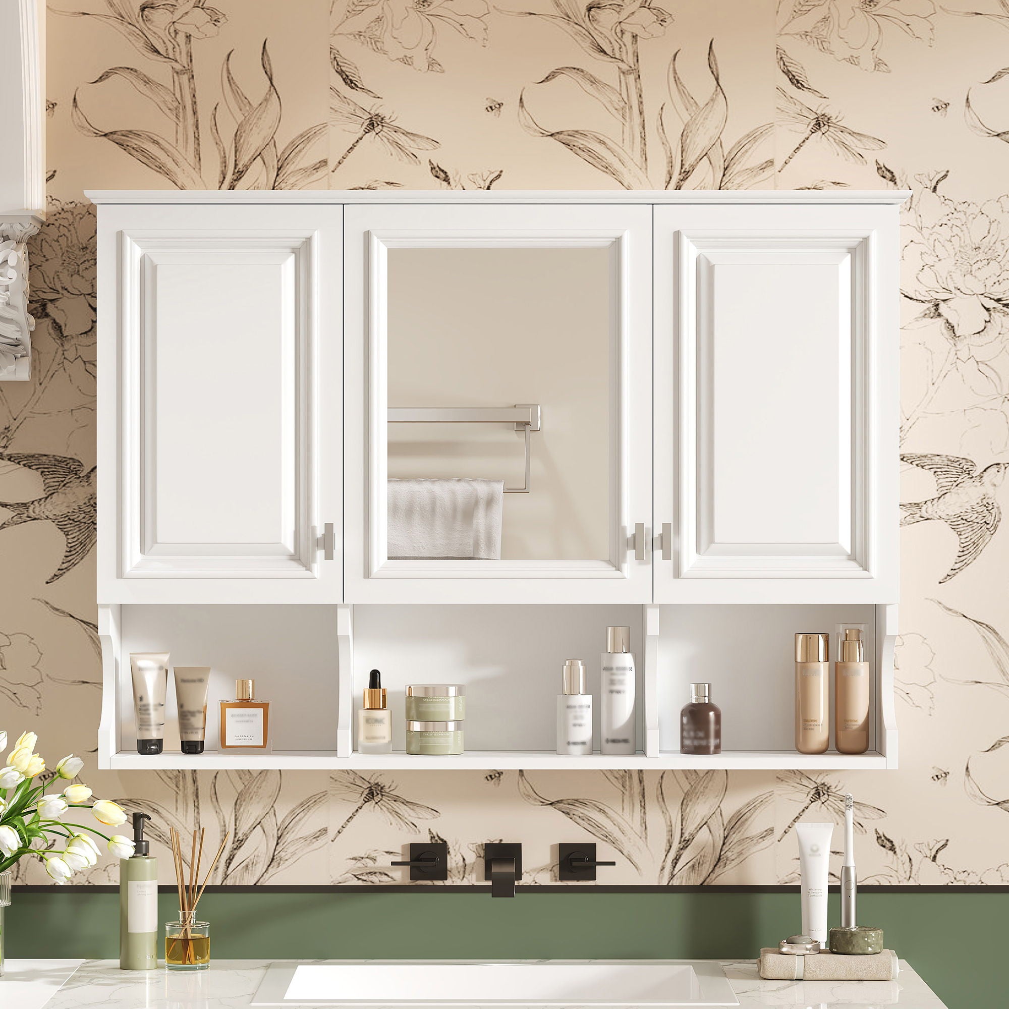 Modern Wall Mounted Mirror Medicine Cabinet With Open Shelves, Adjustable Interior, Storage Over Toilet