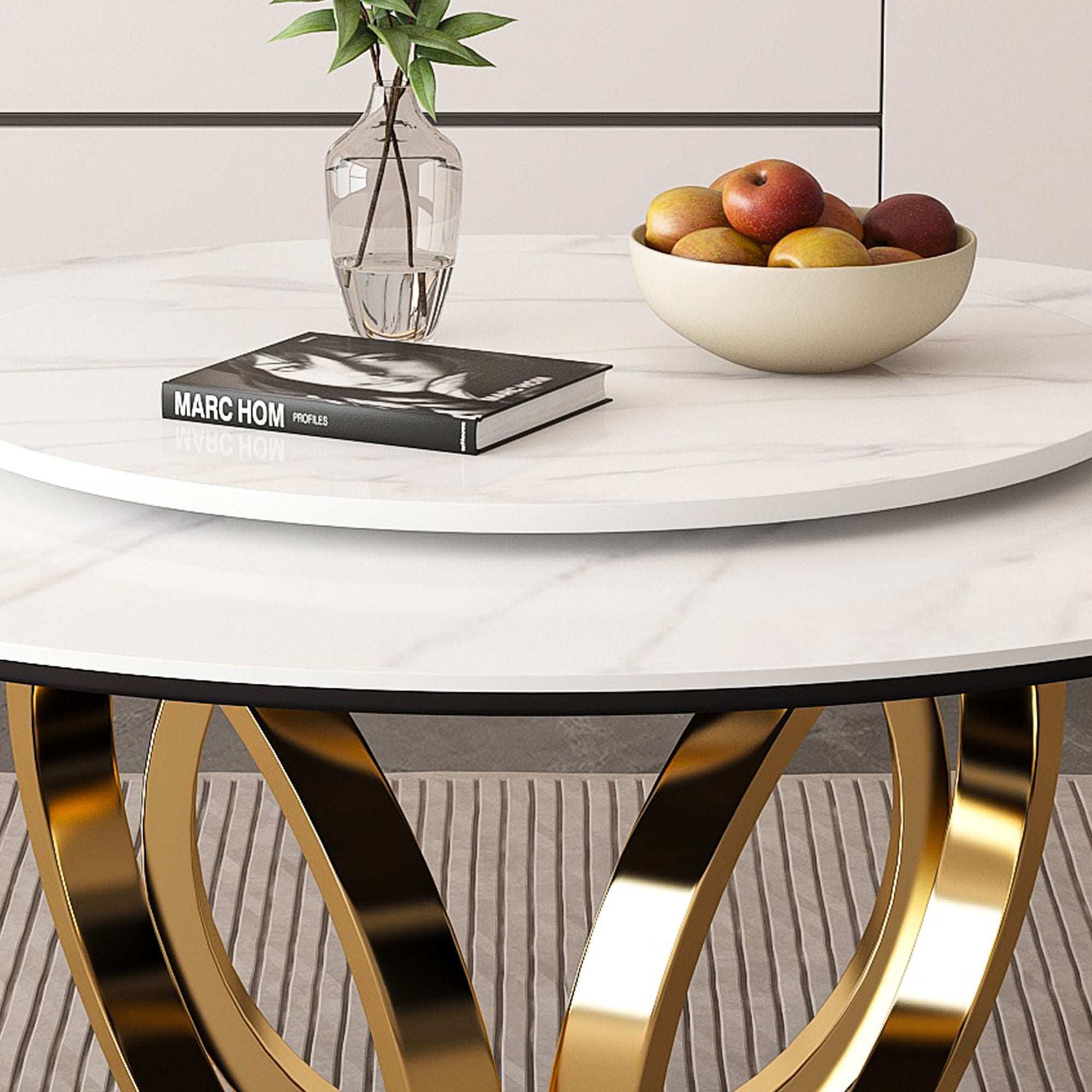 Round Dining Table With 360° Smooth Lazy Susan For Dining Room - Gold / Black / White