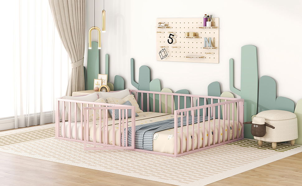 Metal Floor Bed Frame With Fence And Door
