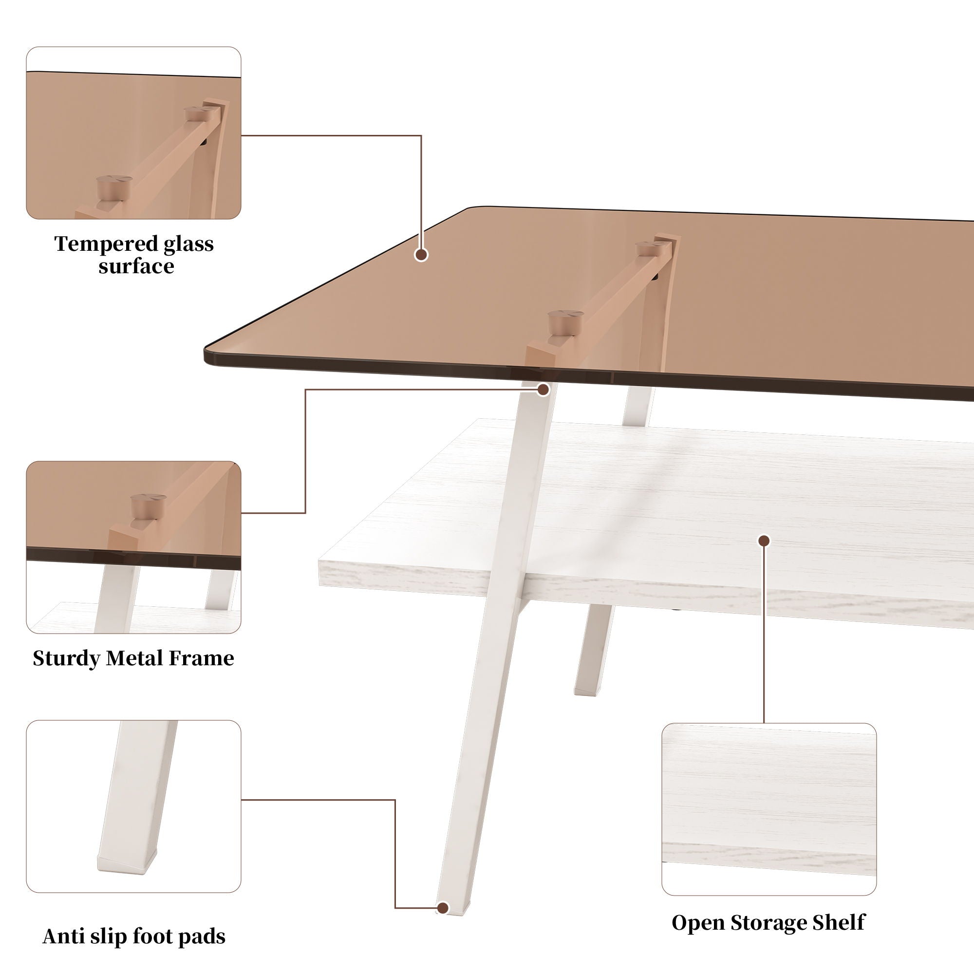 Rectangle Coffee Table, Tempered Glass Tabletop Modern Table For Living Room