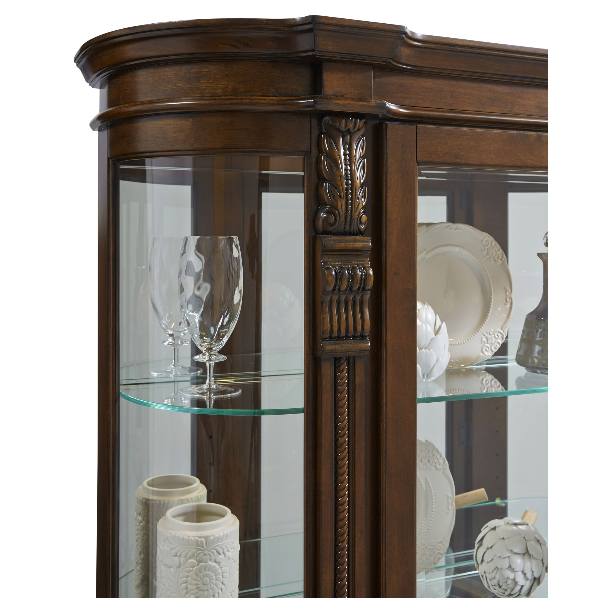 PFC Curios - Lighted Curved Front 4 Shelf Curio Cabinet - Maple Brown