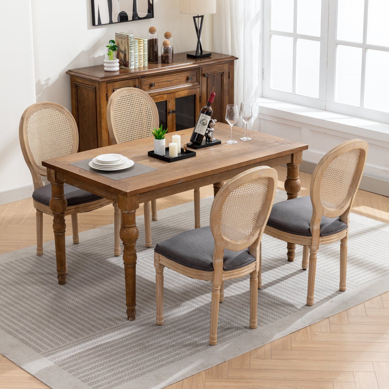 French Style Solid Wood Frame Antique Painting Fabric Rattan Back Dining Chair (Set of 2)
