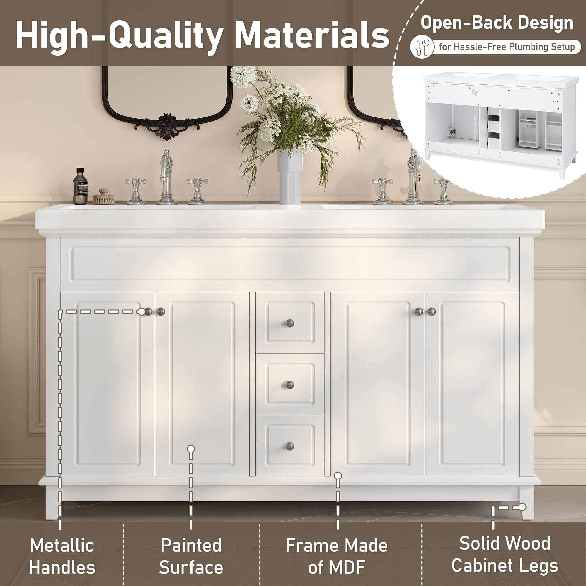 Bathroom Vanity With Double Sinks, 3 Drawers & 4 Doors, Soft Close, All Open Back Design - White
