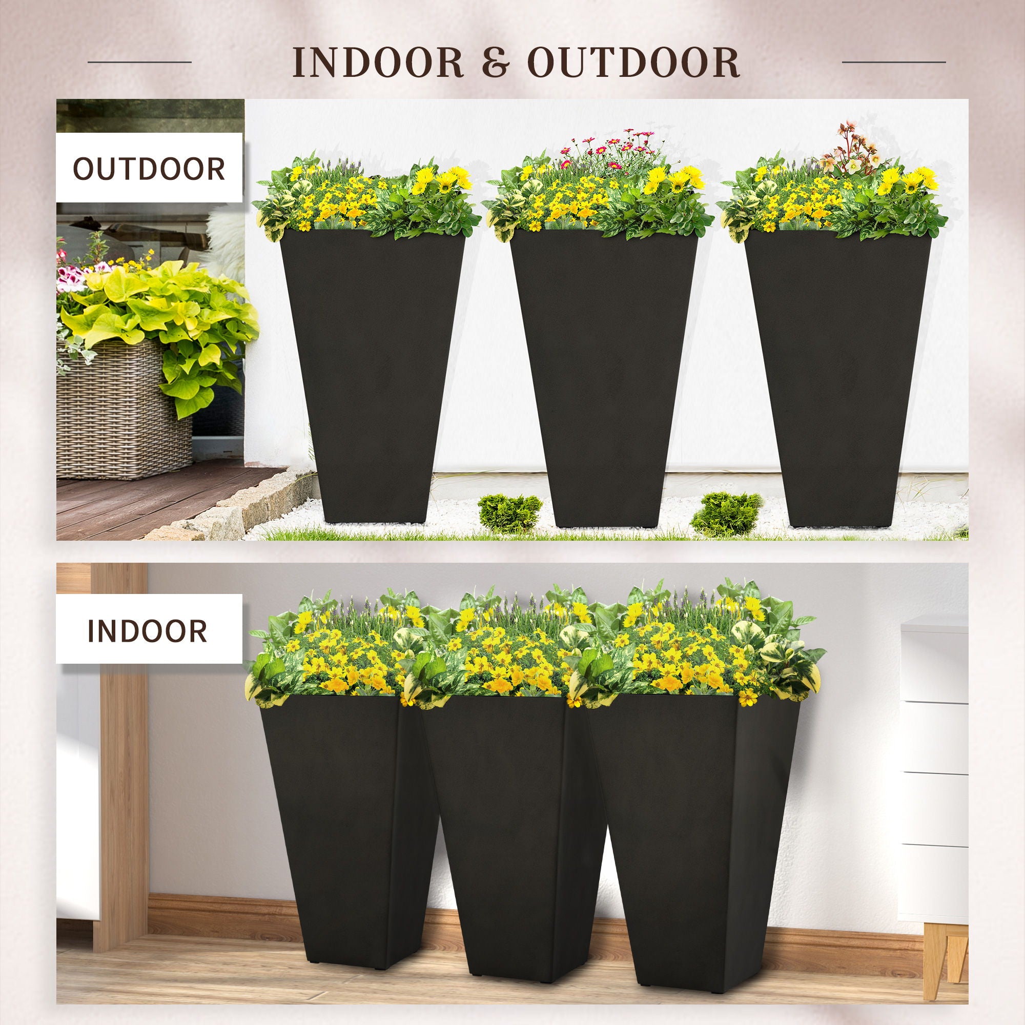Outsunny - Outdoor Planters (Set of 3) Large Taper Planters With Drainage Holes And Plug, Faux Wood Plastic Flower Pots For Outdoor, Indoor, Garden, Patio