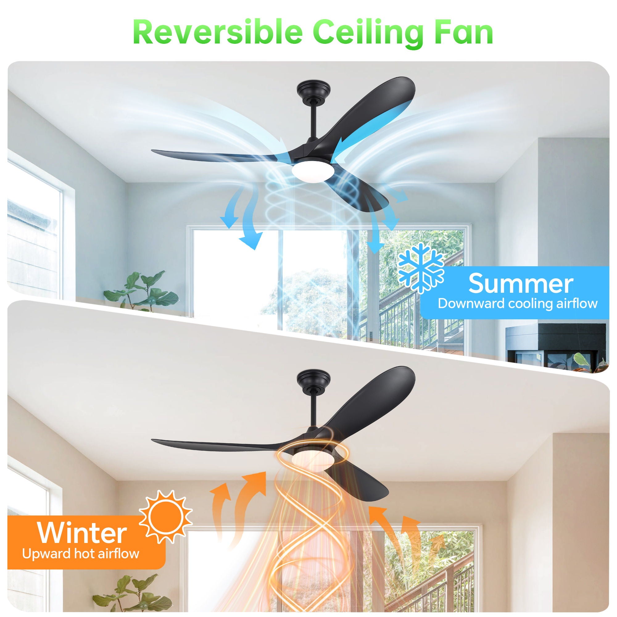 Smart Ceiling Fan With Lights, 3 Blades, Reversible Quiet DC Motor For Indoor