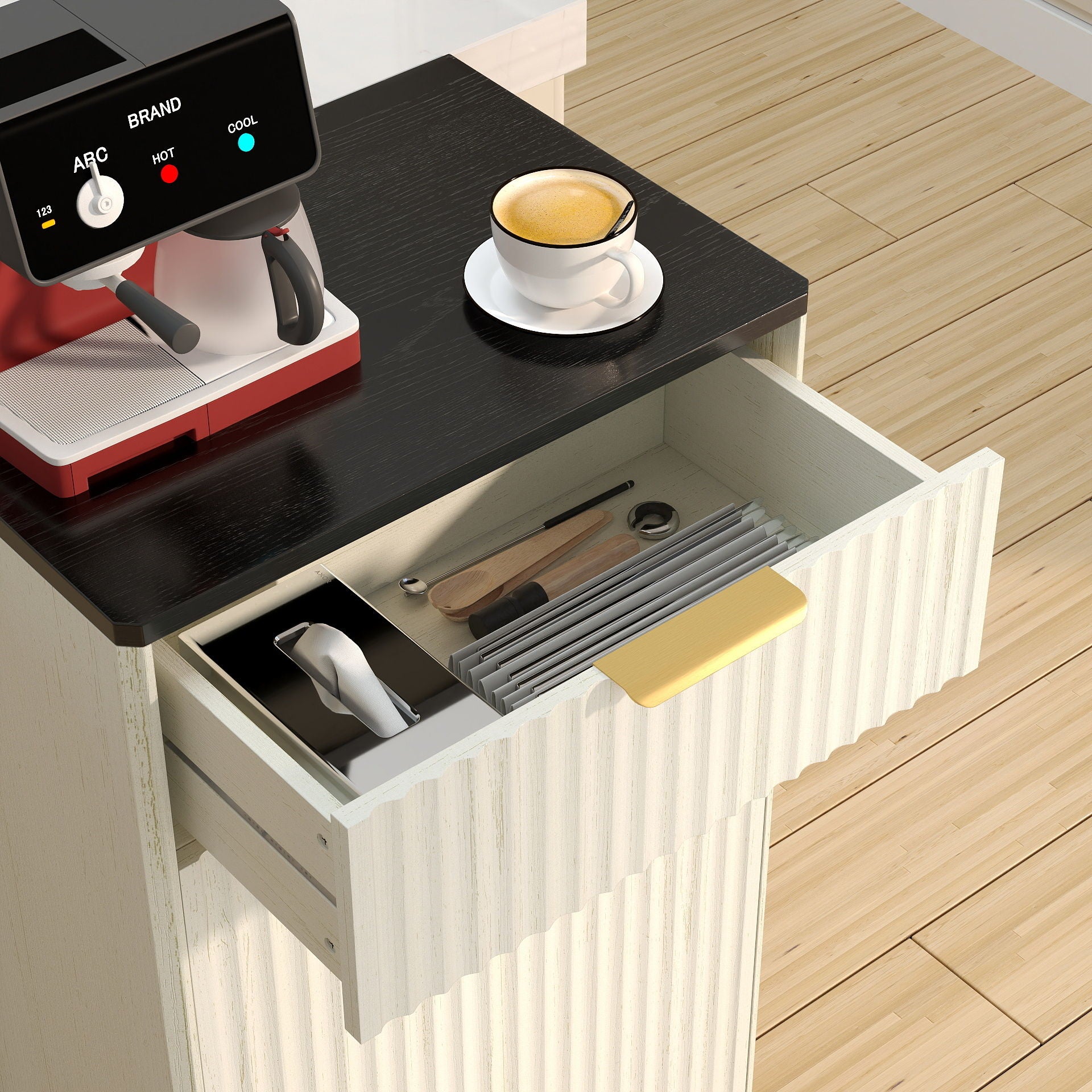 Tilt Out Trash Can Cabinet With Wave Textured Drawer & Pull Out Bin