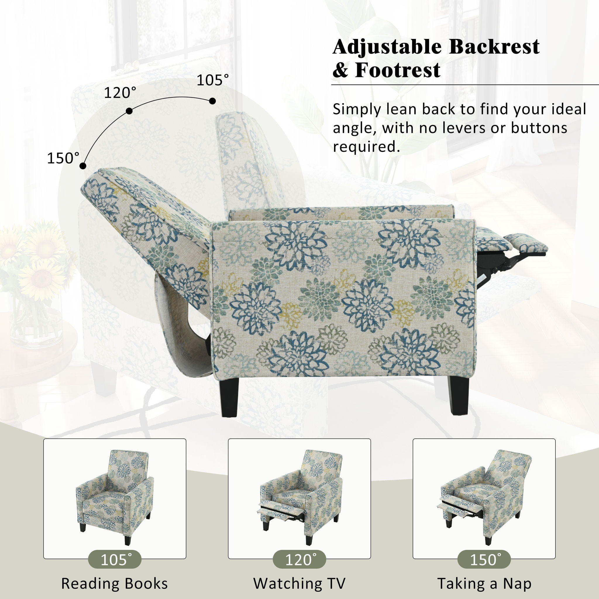 Upholstered Push Back Recliner Chair For Living Room - Blue