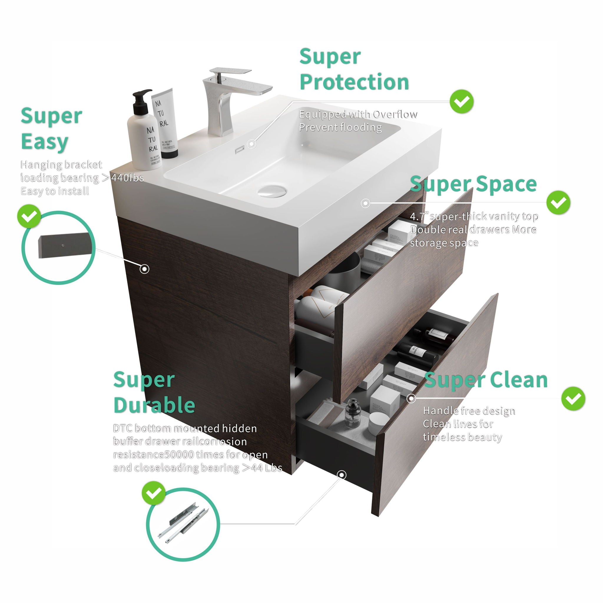 Alice - Bathroom Vanity Wall Mounted With Sink, Large Storage