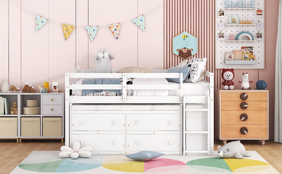Loft Bed With Retractable Writing Desk And 4 Drawers, With Lateral Portable Desk And Shelves