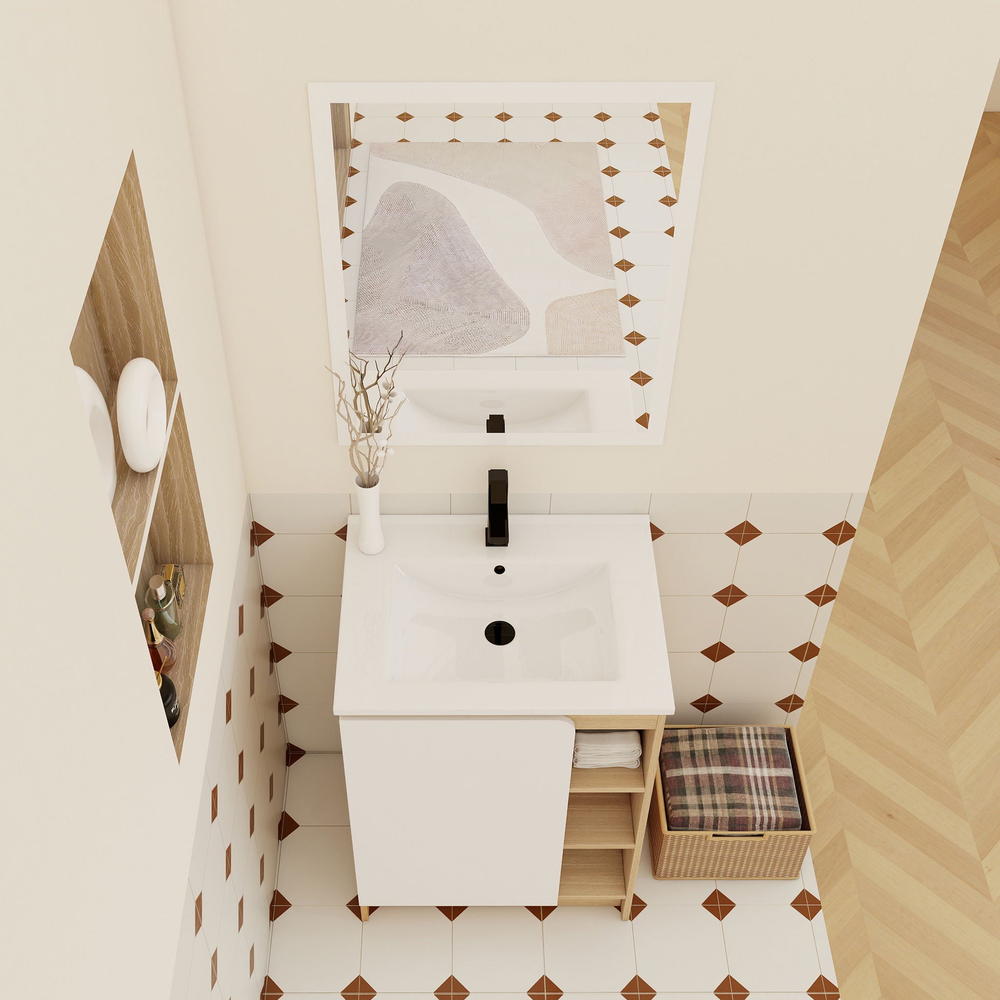 Freestanding Bathroom Vanity With Thin Rim Sink, Single Door With 4 Tier Open Shelves - Light Oak / White