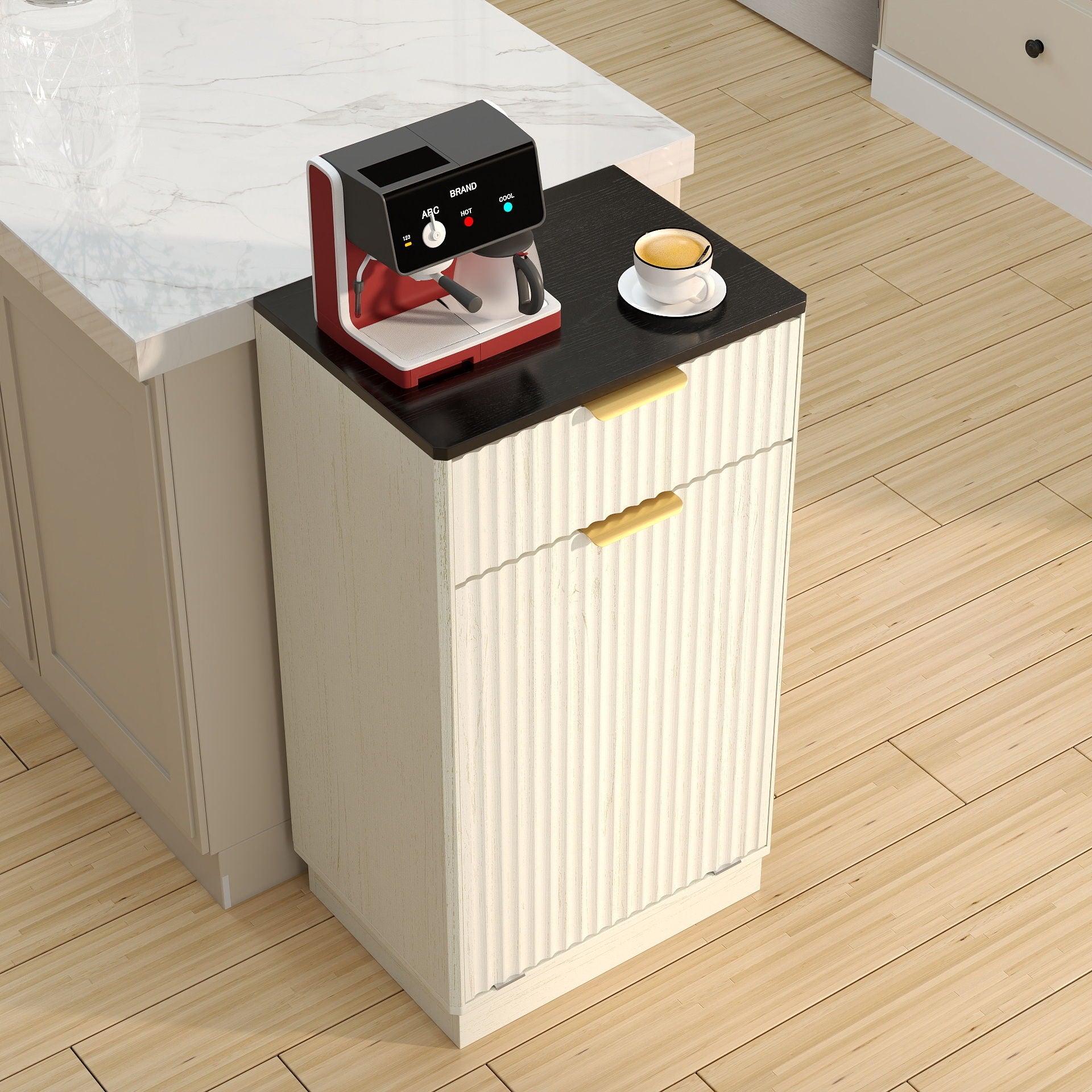 Tilt Out Trash Can Cabinet With Wave Textured Drawer & Pull Out Bin