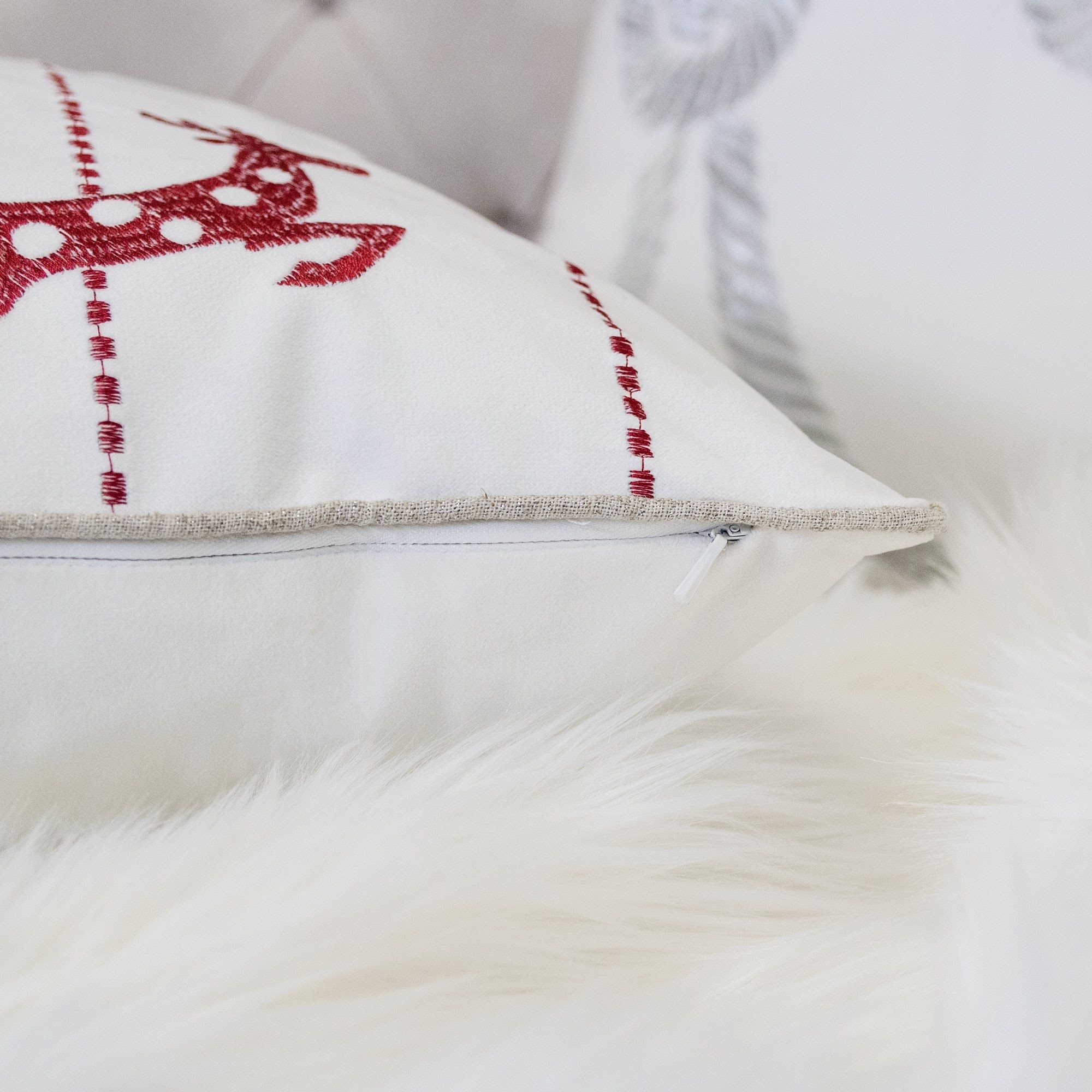 Christmas Throw Pillow With Embroidered Reindeer And Snowflakes - White