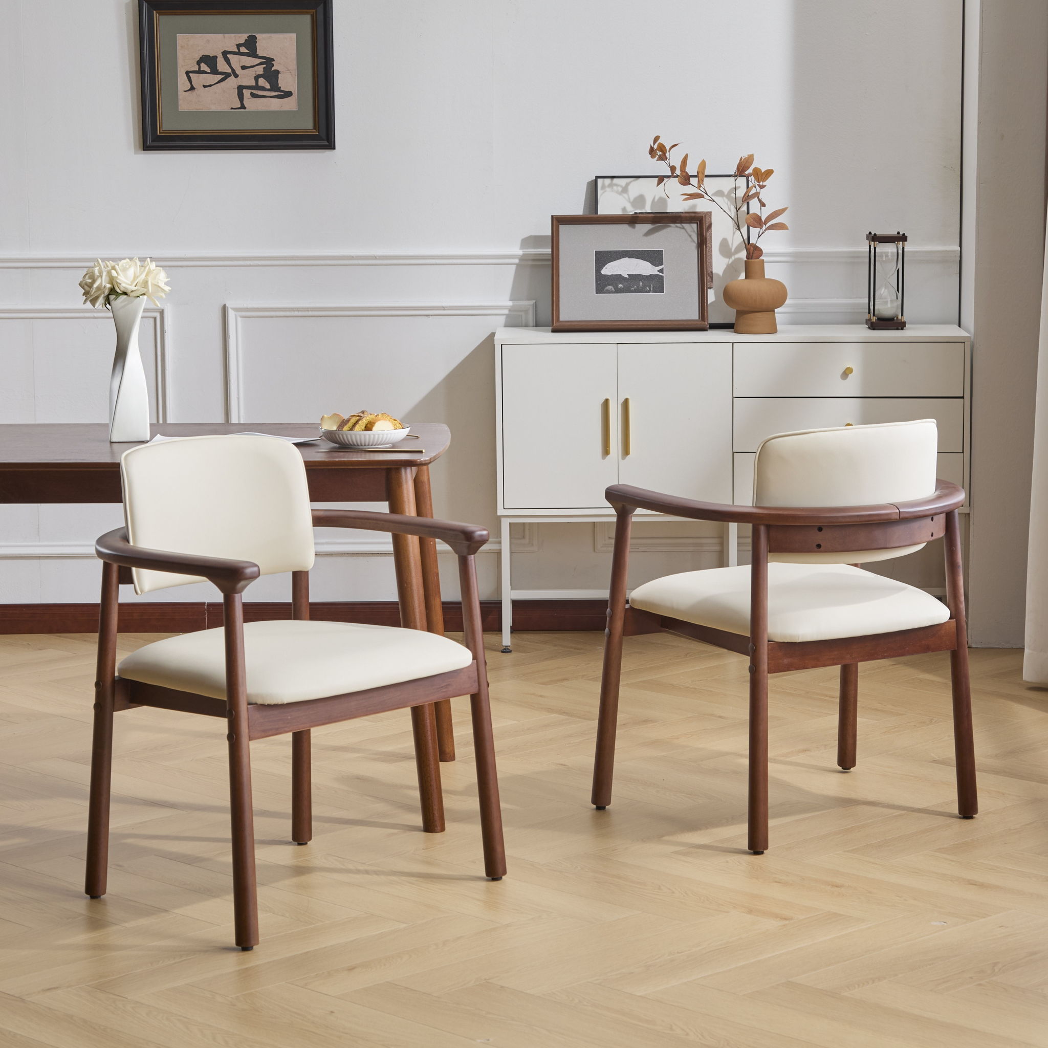 Dining Room Chairs, Ideal For Home & Kitchen (Set of 2) - Beige / Dark Walnut